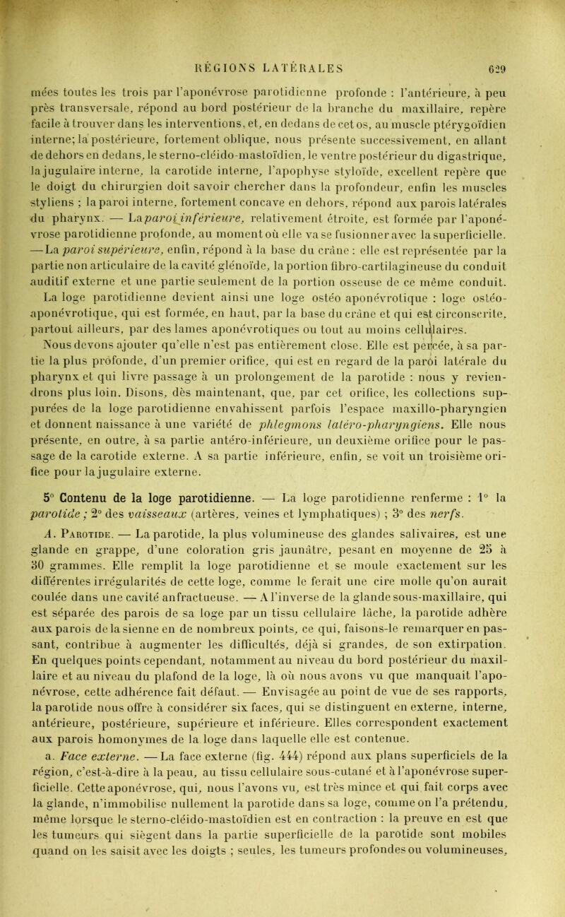 niées toutes les trois par l’aponévrose parotidienne profonde : l’antérieure, à peu près transversale, répond au bord postérieur de la branche du maxillaire, repère facile à trouver dans les interventions, et, en dedans de cet os, au muscle ptérygoïdien interne; la postérieure, fortement oblique, nous présente successivement, en allant de dehors en dedans, le sterno-cléido-mastoïdien, le ventre postérieur du digastrique, la jugulaire interne, la carotide interne, l’apophyse st}doïde, excellent repère que le doigt du chirurgien doit savoir chercher dans la profondeur, enfin les muscles styliens ; la paroi interne, fortement concave en dehors, répond aux parois latérales du pharynx. — Laparoiinférieure, relativement étroite, est formée par l’aponé- vrose parotidienne profonde, au moment où elle vase fusionner avec la superficielle. — La paroi supérieure, enfin, répond à la base du crâne : elle est représentée par la partie non articulaire de la cavité glénoïde, la portion fibro-cartilagineuse du conduit auditif externe et une partie seulement de la portion osseuse de ce même conduit. La loge parotidienne devient ainsi une loge ostéo aponévrotique : loge ostéo- aponévrotique, qui est formée, en haut, par la base du crâne et qui est circonscrite, partout ailleurs, par des lames aponévrotiques ou tout au moins cellulaires. Nous devons ajouter qu’elle n’est pas entièrement close. Elle est peiicée, à sa par- tie la plus profonde, d’un premier orifice, qui est en regard de la paroi latérale du pharynx et qui livre passage à un prolongement de la parotide : nous y revien- drons plus loin. Disons, dès maintenant, que, par cet orifice, les collections sup- purées de la loge parotidienne envahissent parfois l’espace maxillo-pharyngien et donnent naissance à une variété de phlegmons latéro-pharyngiens. Elle nous présente, en outre, à sa partie antéro-inférieure, un deuxième orifice pour le pas- sage de la carotide externe. A sa partie inférieure, enfin, se voit un troisième ori- fice pour la jugulaire externe. 5° Contenu de la loge parotidienne. — La loge parotidienne renferme : 1° la parotide ; 2° des vaisseaux (artères, veines et lymphatiques) ; 3° des nerfs. A. Parotide. — La parotide, la plus volumineuse des glandes salivaires, est une glande en grappe, d’une coloration gris jaunâtre, pesant en moyenne de 25 à 30 grammes. Elle remplit la loge parotidienne et se moule exactement sur les différentes irrégularités de cette loge, comme le ferait une cire molle qu’on aurait coulée dans une cavité anfractueuse. — Al’inverse de la glande sous-maxillaire, qui est séparée des parois de sa loge par un tissu cellulaire lâche, la parotide adhère aux parois de la sienne en de nombreux points, ce qui, faisons-le remarquer en pas- sant, contribue à augmenter les difficultés, déjà si grandes, de son extirpation. En quelques points cependant, notamment au niveau du bord postérieur du maxil- laire et au niveau du plafond de la loge, là où nous avons vu que manquait l’apo- névrose, cette adhérence fait défaut. — Envisagée au point de vue de ses rapports, la parotide nous offre à considérer six faces, qui se distinguent en externe, interne, antérieure, postérieure, supérieure et inférieure. Elles correspondent exactement aux parois homonymes de la loge dans laquelle elle est contenue. a. Face externe. —La face externe (fig. 444) répond aux plans superficiels de la région, c’est-à-dire à la peau, au tissu cellulaire sous-cutané et à l’aponévrose super- ficielle. Cette aponévrose, qui, nous l’avons vu, est très mince et qui fait corps avec la glande, n’immobilise nullement la parotide dans sa loge, comme on l’a prétendu, même lorsque le sterno-cléido-mastoïdien est en contraction : la preuve en est que les tumeurs qui siègent dans la partie superficielle de la parotide sont mobiles quand on les saisit avec les doigts ; seules, les tumeurs profondes ou volumineuses.