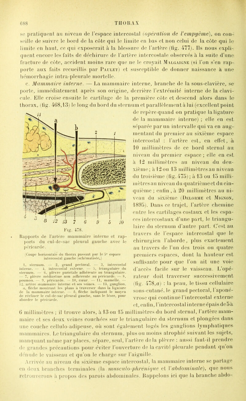 se pratiquent au niveau de l’espace intercostal (opération de Vempyème), on con- seille de suivre le bord de la côte qui le limite en bas et non celui de la côte qui le limite eh haut, ce qui exposerait à la blessure de l’artère (fig.. 477). Ils nous expli- quent encore les faits de déchirure de l’artère intercostale observés à la suite d’une, fracture de côte, accident moins rare que ne le croyait Malgaigne (si l’on s’en rap- porte aux faits recueillis par Paulet) et susceptible de donner naissance à une hémorrhagie intra-pleurale mortelle. c. Mammaire interne. — La mammaire interne, branche de la sous-clavière, se porte, immédiatement après son origine, derrière l’extrémité interne de la clavi- cule. Elle croise ensuite le cartilage de la première côte et descend alors dans le thorax, (fig. 468,13) le long du bord du sternum et parallèlement à lui (excellent point de repère quand on pratique la ligature de la mammaire interne) ; elle en est séparée par un intervalle qui va en aug- mentant du premier au sixième espace intercostal : l’artère est, en effet, à 10 millimètres de ce bord sternal au niveau du premier espace ; elle en est. à 12 millimètres au niveau du deu- xième; à 12 ou 13 millimètres au niveau du troisième (fig. 475) ; à 13 ou 15 milli- mètres au niveau du quatrième et du cin- quième ; enfin , à 20 millimètres au ni- veau du sixième (Delorme et Mignon^ 1895). Dans ce trajet, l’artère chemine- entre les cartilages costaux et les espa- ces intercostaux d’une part, le triangu- laire du sternum d’autre part. C’est au travers de l’espace intercostal que le chirurgien l’aborde, plus exactement au travers de l’un des trois ou quatre premiers espaces, dont la hauteur est. suffisante pour que l’on ait une voie d’accès facile sur le vaisseau. L’opé- rateur doit traverser successivement (fig. 478,a) : la peau, le tissu cellulaire sous-cutané, le grand pectoral, l'aponé- vrose qui continue l’intercostal externe et, enfin, l’intercostal interne épais de 5 à 6 millimètres ; il trouve alors, à 13 ou 15 millimètres du bord sternal, l’artère mam- maire et ses deux veines couchées sur le triangulaire du sternum et plongées dans- une couche cellulo-adipeuse, où sont également logés les ganglions lymphatiques- mammaires. Le triangulaire du sternum, plus ou moins atrophié suivant les sujets, manquant même par places, sépare, seul, l’artère delà plèvre : aussi faut-il prendre de grandes précautions pour éviter l’ouverture de la cavité pleurale pendant qu’on dénude le vaisseau et qu’on le charge sur l’aiguille. Arrivée au niveau du sixième espace intercostal, la mammaire interne se partage en deux branches terminales (la musculo-phrénique et Yabdominale), que nous- retrouverons à propos des parois abdominales. Rappelons ici que la branche abdo- Fig. 478. Rapports de l'artère mammaire interne et rap- ports du cul-de-sac pleural gauche avec le péricarde. (Coupc horizontale du thorax passant par le 5e espace intercostal gauche (schématisée.) 1, sternum. — 2, grand pectoral. — 3, intercostal interne. — 4, intercostal externe. — o, triangulaire du sternum. — 6, plèvre pariétale adhérente au triangulaire. — 7, plèvre médiastine non adhérente au péricarde. — 8, poumon. — 9, péricarde. — 10, cœur. — 11, mamelle. — 12. artère mammaire interne et ses veines. — 13, ganglion. a, flèche montrant les plans à traverser dans la ligature de la mammaire interne. — b, flèche indiquant le moyen de récliner le cul-de-sac pleural gauche, sans le léser, pour aborder le péricarde.