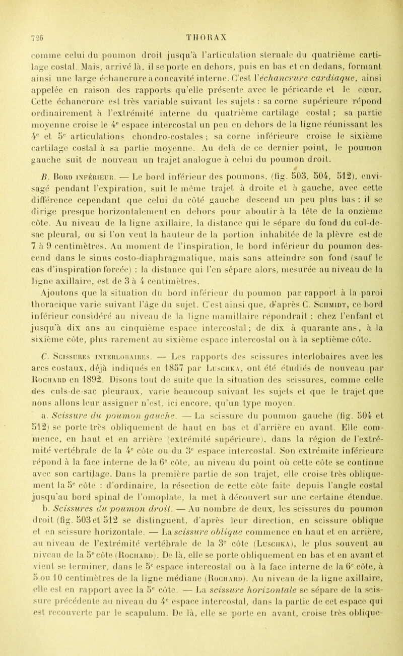 comme celui du poumon droit jusqu’à l’articulation sternale du quatrième carti- lage costal. Mais, arrivé là, il se porte en dehors, puis en bas et en dedans, formant ainsi une large échancrure à concavité interne. C’est Y échancrure cardiaque, ainsi appelée en raison des rapports qu’elle présente avec le péricarde et le cœur. Cette échancrure est très variable suivant les sujets : sa corne supérieure répond ordinairement à l’extrémité interne du quatrième cartilage costal ; sa partie moyenne croise le 4e espace intercostal un peu en dehors de la ligne réunissant les 4e et 5e articulations chondro-costales ; sa corne inférieure croise le sixième cartilage costal à sa partie moyenne. Au delà de ce dernier point, le poumon gauche suit de nouveau un trajet analogue à celui du poumon droit. B. Bord inférieur. — Le bord inférieur des poumons, (fig. 503, 504, 512), envi- sagé pendant l’expiration, suit le même trajet à droite et à gauche, avec cette différence cependant que celui du coté gauche descend un peu plus bas : il se dirige presque horizontalement en dehors pour aboutir à la tête de la onzième côte. Au niveau de la ligne axillaire, la distance qui le sépare du fond du cul-de- sac pleural, ou si l’on veut la hauteur de la portion inhabitée de la plèvre est de 7 à 9 centimètres. Au moment de l’inspiration, le bord inférieur du poumon des- cend dans le sinus costo-diaphragmatique, mais sans atteindre son fond (sauf le cas d’inspiration forcée) : la distance qui l’en sépare alors, mesurée au niveau de la ligne axillaire, est de 3 à 4 centimètres. Ajoutons que la situation du bord inférieur du poumon par rapport à la paroi thoracique varie suivant l’àge du sujet. C’est ainsi que, d*après C. Schmidt, ce bord inférieur considéré au niveau de la ligne mamillaire répondrait : chez l’enfant et jusqu’à dix ans au cinquième espace intercostal; de dix à quarante ans, à la sixième côte, plus rarement au sixième espace intercostal ou à la septième côte. C. Scissures interlobaires. — Les rapports des scissures interlobaires avec les arcs costaux, déjà indiqués en 1857 par Luschka, ont été étudiés de nouveau par Rochard en 1892. Disons tout de suite que la situation des scissures, comme celle des culs-de-sac pleuraux, varie beaucoup suivant les sujets et que le trajet que nous allons leur assigner n’est, ici encore, qu’un type moyen. a. Scissure du poumon gauche. — La scissure du poumon gauche (fig. 504 et 512) se porte très obliquement de haut en bas et d’arrière en avant. Elle com- mence, en haut et en arrière (extrémité supérieure), dans la région de l’extré- mité vertébrale de la 4e côte ou du 3e espace intercostal. Son extrémité inférieure répond à la face interne de la 6e côte, au niveau du point où cette côte se continue avec son cartilage. Dans la première partie de son trajet, elle croise très oblique- ment la 5e côte : d’ordinaire, la résection de eette côte faite depuis l’angle costal jusqu’au bord spinal de l’omoplate, la met à découvert sur une certaine étendue. b. Scissures du poumon droit. —Au nombre de deux, les scissures du poumon droit (fig. 503 et 512 se distinguent, d’après leur direction, en scissure oblique et en scissure horizontale. — La scissure oblique commence en haut et en arrière, au niveau de l’extrémité vertébrale de la 3e côte (Luschka), le plus souvent au niveau de la 5ecôte (Rochard). De là, elle se porte obliquement en bas et en avant et vient se terminer, dans le 5e espace intercostal ou à la face interne de la 6e côte, à 3 ou 10 centimètres de la ligne médiane (Rochard). Au niveau de la ligne axillaire, elle est en rapport avec la 5e côte. — La scissure horizontale se sépare de la scis- sure précédente au niveau du 4e espace intercostal, dans la partie de cet espace qui est recouverte par le scapulum. De là, elle se porte en avant, croise très oblique-