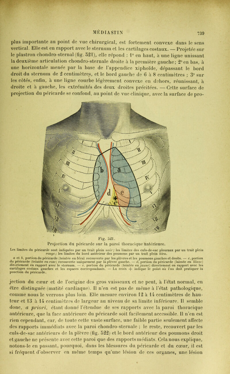 plus importante au point de vue chirurgical, est fortement convexe clans le sens vertical. Elle est en rapport avec le sternum et les cartilages costaux. — Projetée sur le plastron chondro-sternal (fig. 521), elle répond : 1° en haut, à une ligne unissant la deuxième articulation chondro-sternale droite à la première gauche; 2° en bas, à une horizontale menée par la base de l’appendice xiphoïde, dépassant le bord droit du sternum de 2 centimètres, et le bord gauche de 6 à 8 centimètres ; 3° sur les côtés, enfin, à une ligne courbe légèrement convexe en dehors, réunissant, à droite et à gauche, les extrémités des deux droites précitées. — Cette surface de projection du péricarde se confond, au point de vue clinique, avec la surface de pro- Projection du péricarde sur la paroi thoracique antérieure. Les limites du péricarde sont indiquées par un trait plein noir; les limites des culs-de-sac pleuraux par un trait plein ronge; les limites du bord antérieur des poumons par un trait plein bleu, a et 6, portion du péricarde (teintée en bleu) recouverte par les plèvres et les poumons gauches et droits. — c, portion du péricarde (teintée en rose) recouverte uniquement par la plèvre gauche. — d, portion du péricarde (laissée en blanc) directement en rapport avec le sternum. — e. portion du péricarde ( teintée en jaune) directement en rapport avec les cartilages costaux gauches et les espaces correspondants. — La croix -(- indique le point où l’on doit pratiquer la ponction du péricarde. jection du cœur et de l’origine des gros vaisseaux et ne peut, à l’état normal, en être distinguée (matité cardiaque). Il n’en est pas de même à l’état pathologique, comme nous le verrons plus loin. Elle mesure environ 12 à 14 centimètres de hau- teur et 13 à 14 centimètres de largeur au niveau de sa limite inférieure. Il semble donc, a priori, étant donné l’étendue de ses rapports avec la paroi thoracique antérieure, que la face antérieure du péricarde soit facilement accessible. Il n’en est rien cependant, car, de toute cette vaste surface, une faible partie seulement affecte des rapports immédiats avec la paroi chondro-sternale ; le reste, recouvert par les culs-de-sac antérieurs de la plèvre (fig. 522) et le bord antérieur des poumons droit et gauche ne présente avec cette paroi que des rapports médiats. Gela nous explique, notons-le en passant, pourquoi, dans les blessures du péricarde et du cœur, il est si fréquent d’observer en même temps qu’une lésion de ces organes, une lésion