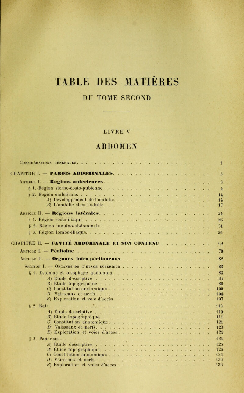 TABLE DES MATIÈRES DU TOME SECOND LIVRE V ABDOMEN Considérations générales 1 CHAPITRE I. — PAROIS ABDOMINALES 3 Article I. — Régions antérieures 3 § \. Région sterno-costo-pubienne 4 § 2. Région ombilicale 14 A) Développement de l’ombilic 14 B) L’ombilic chez l’adulte 17 Article II. — Régions latérales 24 § 1. Région costo-iliaque 25 § 2. Région inguino-abdominale 31 § 3. Région lombo-iliaque 56 CHAPITRE II. — CAVITÉ ABDOMINALE ET SON CONTENU 69 Article I. — Péritoine 76 Article II. — Organes intra-péritonéaux 82 Section I. — Organes de l’étage supérieur 85 § 1. Estomac et œsophage abdominal 83 A) Étude descriptive 84 B) Étude topograpique 86 C) Constitution anatomique 100 D Vaisseaux et nerfs 104 E) Exploration et voie d’accès 107 § 2, Rate * 110 A) Étude descriptive 110 B) Étude topographique. 111 C) Constitution anatomique 121 D) Vaisseaux et nerfs 123 E) Exploration et voies d'accès 124 § 3. Pancréas 124 A) Ltude descriptive 125 B) Étude topographique 126 C) Constitution anatomique 135 D) Vaisseaux et nerfs 136 E) Exploration et voies d’accès 136