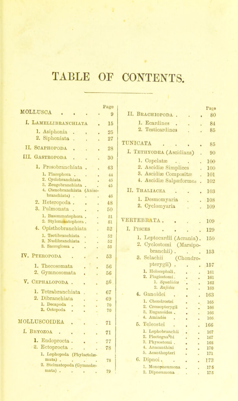 TABLE OF CONTENTS, MOLLUSCA . Page 9 I. Lamei.libranchiata 15 1. Asiphonia . , 25 2. Siphoniata . . . 27 II. Scaphopoda . 28 III. Gastropoda . 30 1. Prosobranchiata . 43 1. Placophora . . . 44 2. Cyclobranchiata 45 3. Zeugobranchiata . 45 4. Ctenobranchiata (Aniso- branchiata) . 46 2. Heteropoda . 48 3. Pulmonata . 50 1. Basommatophora . 51 2. Stylommatophora . 61 4. Opisthobranchiata 62 1. Tectibranoliiata . 52 2. Nudibranchiata . 52 8. Saccoglossa . 53 IY. Pteropoda 63 1. Thecosomata 56 2. Gymnosomata , . 56 V. Cephalopoda . 56 1. Tetrabranchiata . 67 2. Dibranchiata , 69 1. Decapoda . 70 2. Octopoda . . 70 MOLLUSCOIDEA . 71 I. Bryozoa .... 71 1. Endoprocta . 77 2. Ectoprocta . 78 1. Eophopoda (Phylactolae- mata) .... 78 2. Stclraatopoda (Gymnolie- mata) .... 79 II. Bkachiopoda . 1. Ecardines . 2. Testicardin.es TÜNICATA I. Tethyodea (Ascidians) 1. Copelate 2. Ascidise Simplices 3. Ascidise Compositas 4. Ascidite Salpffiformes II. Thaliacea 1. Desmomyaria 2. Cyclomyaria VERTEBRATA. I. Pisces 1. Leptocardii (Acrania) 2. Cyclostomi (Marsipo branchii) . 3. Selachii (Chondro pterygii) . 1. Holocephali. . 2. PJagiostomi. 1. Squalides . 2. Rajides . 4. Ganoidei . . 1. ChoDdrostei . 2. Crossopterygii . 8. Eugauoidea . # 4. Amiades . . 6. Teleostei 1. Lophobranchii . 2. Pleotognathi . 3. Physoatomi . # 4. Aiiacauthini . 6. Acanthopteri . 6. Dipnoi. 1. Monopneumona . 2. Dipnenmona Taga 80 84 85 85 90 100 100 101 102 103 108 109 109 129 160 153 157 161 161 162 163 163 165 166 166 166 166 167 167 16S 170 171 173 176 176