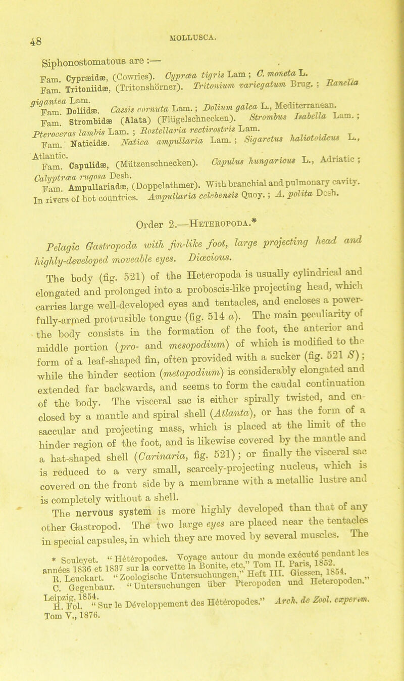 iTm. Capulidae, (Mützenschnecken). Capulm hungariom L., Adriatic Ca^am. TmpullariadEe, (Doppelathmer). Witk branchial and pulmonary cavity In rivers o£ hot countries. Ampullaria celebensis Quoy.; A. polxta Dcsh. Pelagic Gastropoda with fin-like foot, large projecting head and highly-developed moveable eyes. JDicecious. The body (fig. 521) of the Heteropoda is usually cylinclrical and elongated and prolonged into a proboscis-like projecting head, which carries large well-developed eyes and tentacles, and encloses a power- fully-armed protrusible tongue (fig. 514 a). The main peculianty of tbe body consists in tbe formation of tbe foot, the anterior ana middle portion (pro- and mesopodium) of which is modified to the form of a leaf-shaped fin, often provided with a sucker (fig. 521 S); while tbe binder section (metapodium) is considerably elongated and extended far backwards, and seems to form tbe caudal contmuation of tbe body. The visceral sac is either spirally twisted, and en- closed by a mantle and spn-al sbell (Atlanta), or bas tbe form of a saccular and projecting mass, which is placed at tbe limit of tbc binder region of tbe foot, and is likewise covered by tbe mantle and a bat-sbaped sbell (Carmaria, fig. 521); or finally tbe visceral sac. is reduced to a very small, scarcely-projectmg nucleus, which is covered on tbe front side by a membrane with a metaüic lustre am. Tbe nervous System is more highly developed tban that of any otber Gastropod. Tbe two large eyes are placed near tbe tentacles in special capsules, in whicli tbey are moved by several muscles. The is completely without a sbell. annöes 1836 et 18 E. Leuckart. C. Gegenbaur. “ U * Souleyet. •t. laur. “Untersuchungen uüer rteropouen uuu e—• Sur le Ddveloppcmcnt des Hdt6ropodes.’’ Arch, de Zool. experm. Leipzig. 1864. H. Fol. “ Sur le Tom Y., 1876.