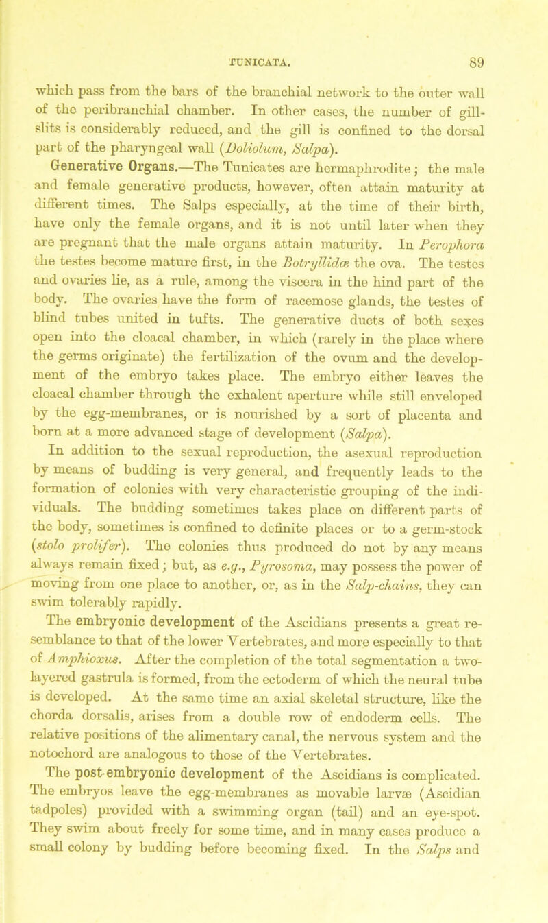 which pass from the bars of tbe branchial network to tbe outer wall of the peribranchial cbamber. In other cases, the number of gill- slits is considerably reduced, and the gill is confined to the dorsal part of the pharyngeal wall (Doliolum, Salpa). Generative Organs.—The Tunicates are hermaphrodite; the male and female generative products, however, often attain maturity at different times. The Salps especially, at the time of their birth, have only the female Organs, and it is not until later when they are pregnant that the male organs attain maturity. In Perophora the testes become mature first, in the Botryllidce the ova. The testes and ovaries lie, as a rule, among the viscera in the hind part of the body. The ovaries have the form of racemose glands, the testes of blind tubes united in tufts. The generative ducts of both sexes open into the cloacal chamber, in which (rarely in the place where the germs originate) the fertilization of the ovum and the develop- ment of the embryo takes place. The embryo either leaves the cloacal chamber through the exhalent aperture while still enveloped by the egg-membranes, or is nonrished by a sort of placenta and born at a more advanced stage of development (Salpa). In addition to the sexual reproduction, the asexual reproduction by means of budding is very general, and frequently leads to the formation of colonies with very eharacteristic grouping of the indi- viduals. The budding sometimes takes place on different parts of the body, sometimes is confined to definite places or to a germ-stock (stolo prolifer). The colonies thus produced do not by any means always remain fixed; but, as e.g., Pyrosoma, may possess the power of moving from one place to another, or, as in the Salp-chains, they can swim tolerably rapidly. The embryonic development of the Ascidians presents a great re- semblance to that of the lower Vertebrates, a nd more especially to that of Amphioxus. After the completion of the total Segmentation a two- layered gastrula is formed, from the ectoderm of which the neural tube is developed. At the same time an axial skeletal structure, like the chorda dorsalis, arises from a double row of endoderm cells. The relative positions of the alimentary canal, the nervous system and the notochord are analogous to those of the Vertebrates. The post-embryonic development of the Ascidians is complicated. The embryos leave the egg-membranes as movable larvae (Ascidian tadpoles) provided with a swimming organ (tail) and an eye-spot. They swim about freely for some time, and in many cases produce a small colony by budding before becoming fixed. In tho Salps and