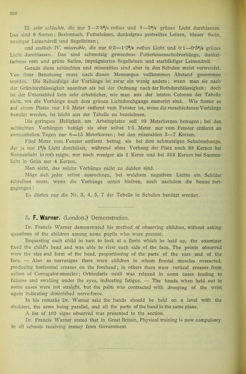 III. sehr schlechte, die nur 2—3'8®/o rothes und 1—5*^/0 griines Licht durchlassen. Das sind 6 Sorten: Brahmtuch, Futterleinen, dunkelgrau gestreiftes Leinen, blauer Satin, streitiger Leinendrell und Segelleinen ; und endlich IV. miserable, die nur 0'3—D2®/o rothes Licht und O'l—0‘5®/o giiines Licht durchlassen. Das sind schmutzig gewordene Futterleinenschulvorhange, dunkel- farbene roth und griine Satins, impragniertes Segelleinen und starlrfadiger Leinendrell. Gerade diese schlechten und miserablen sind aber in den Schulen meist verwendet. \'on ihrer Benutzung muss nach diesen Messungen vollkommen Abstand genommen werden. Die Reihenfolge der Vorhange ist zwar ein wenig anders ; wenn man sie nach der Griindurchlassigkeit anordnet als bei der Ordnung nach der Rothdurchliissigkeit; doch ist der Unterschied kein sehr erheblicher, wie man aus der letzten Colonne der Tabelle sieht. wo die Vorhange nach dem griinen Lichtdurchgange numerirt sind. Wie finster es auf einem Platze nur L5 Meter entfernt vom Fenster ist, wenn die verschiedenen Vorhange benutzt werden, ist leicht aus der Tabelle zu bezeichnen. Die geringste Helligkeit am Arbeitsplatze soil 10 Meterkerzen betragen; bei den schlechten Vorhangen betriigt sie aber selbst L5 Meter nur vom Fenster entfernt an sonnenhellen Tagen nur 8—15 Meterkerzen; bei den miserablen 3—7 Kerzen. Fiinf Meter vom Fenster entfernt betrug sie bei dem schmutzigen Schulvorhange, der ja nur l®/o Licht durchliisst, wahrend ohne Vorhang der Platz noch 88 Kerzen bei Sonnenlicht in roth zeigte, nur noch weniger als 1 Kerze und bei 313 Kerzen bei Sonnen- licht in Griin nur 4 Kerzen. Man sieht, das solche Vorhange nicht zu dulden sind. Moge sich jeder selbst ausrechnen, bei welchem negativen Lichte ein Schiller schreiben muss, wenn die Vorhange unten bleiben, auch nachdem die Sonne fort- gegangen ! Es diirfen nur die Nr. 3, 4, 5, 7 der Tabelle in Schulen benutzt werden. 5. F. Warner. (London.) Demonstration. Dr. Francis Warner demonstrated his method of observing children, without asking questions of the children among some pupils who were present. Requesting each child in turn to look at a florin which he held up, the examiner fixed the child’s head and was able to view each side of the face. The points observed were the size and form of the head, proportioning of the parts of the ears and of the face. — Also as nervesigns there were children in whom frontal muscles overacted, producing horizontal creases on the forehead; in others there were vertical creases from action of Corrugator-muscles; Orbicularis oculi was relaxed in some cases leading to fulness and swelling under the eyes, indicating fatigue. — The hands when held out in some cases were not straight, but the palm was contracted with drooping of the wrist again indicating diminished nerve-force. In his remarks Dr. Warner said the hands should be held on a level with the shulders, the arms being parallel, and all the parts of the hand in the same plane. A list of 103 signs observed was presented to the section. Dr. Francis Warner stated that in Great Britain, Physical training is now compulsory in all schools receiving money from Government.