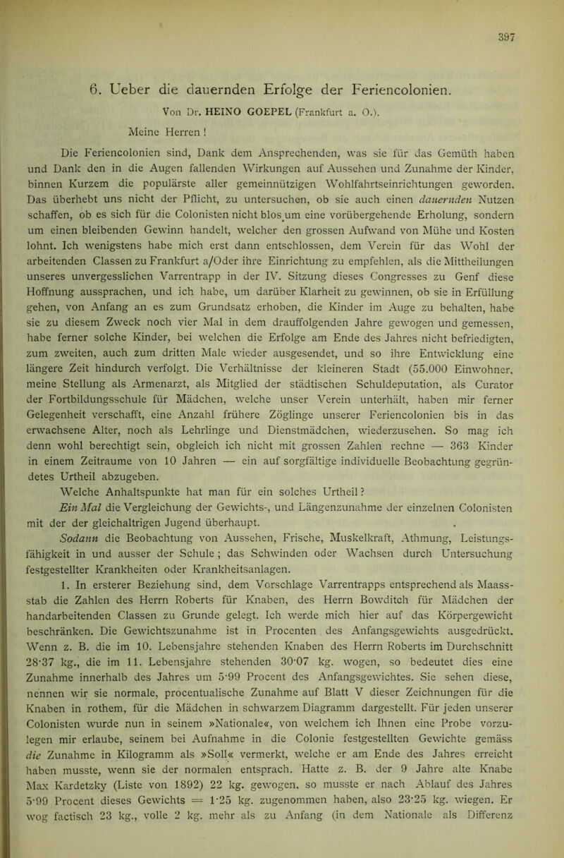 6. Ueber die clauernden Erfolge der Feriencolonien. Von Dr. HEINO GOEPEL (Frankfurt a. O.). Meine Herren ! Die Feriencolonien sind, Dank dem Ansprechenden, was sie fur das Geiniith haben und Dank den in die Augen fallendcn Wirkungen auf Ausschen und Zunahmc der Kinder, binnen Kurzem die popularste aller gemeinniitzigen Wohifahrtseinrichtungen geworden. Das iiberhebt uns nicht der Pflicht, zu untersuchen, ob sie auch einen clauernden Nutzen schaffen, ob es sich fiir die Colonisten nicht blos^um eine voriibergehende Erholung, sondern um einen bleibenden Gewinn handelt, welcher den grossen Aufwand von Miihe und Kosten lohnt. Ich wenigstens habe mich erst dann entschlossen, dem Verein fiir das Wohl der arbeitenden Classen zu Frankfurt a/Oder ihre Einrichtung zu empfehlcn, als die Mittheilungen unseres unvergesslichen Varrentrapp in der IV. Sitzung dieses Congresses zu Genf diese Hoffnung aussprachen, und ich habe, um dariiber Klarheit zu gewinnen, ob sie in Erfullung gehen, von Anfang an es zum Grundsatz erhoben, die Kinder im Auge zu behalten, habe sie zu diesem Zweek noch vier Mai in dem drauffolgenden Jahre gewogen und gemessen, habe ferner solche Kinder, bei welchen die Erfolge am Ende des Jahres nicht befriedigten, zum zweiten, auch zum dritten Male wieder ausgesendet, und so ihre Entwicklung eine langere Zeit hindurch verfolgt. Die Verhiiltnisse der kleineren Stadt (55.000 Einwohner, meine Stellung als Armenarzt, als Mitglied der stildtischen Schuldeputation, als Curator der Fortbildungsschule fiir Madchen, welche unser Verein unterhiilt, haben mir ferner Gelegenheit verschafft, eine Anzahl friihere Zoglinge unserer Feriencolonien bis in das erwachsene Alter, noch als Lehrlinge und Dienstmadchen, wiederzusehen. So mag ich denn wohl bercchtigt sein, obgleich ich nicht mit grossen Zahlen rechne — 363 Kinder in einem Zeitraume von 10 Jahren — ein auf sorgfaltige individuelle Beobachtung gegrtin- detes Urtheil abzugeben. Welche Anhaltspunkte hat man fiir ein solches Urtheil ? Ein Mai die Vergleichung der Gewichts-, und Langenzunahme der einzelnen Colonisten mit der der gleichaltrigen Jugend iiberhaupt. Sodann die Beobachtung von Aussehen, Frische, Muskelkraft, Athmung, Leistungs- fahigkeit in und ausser der Schule ; das Schwinden Oder Wachsen durch Untersuchung festgestellter Krankheiten Oder Krankheitsanlagen. 1. In ersterer Beziehung sind, dem Vorschlage Varrentrapps entsprechend als Maass- stab die Zahlen des Herrn Roberts fiir Knaben, des Herrn Bowditch fiir Madchen der handarbeitenden Classen zu Grunde gelegt. Ich werde mich hier auf das Korpergewicht beschranken. Die Gewichtszunahme ist in Procenten des Anfangsgewichts ausgedriickt. Wenn z. B. die im 10. Lebensjahre stehenden Knaben des Herrn Roberts im Durchschnitt 28'37 kg., die im 11. Lebensjahre stehenden 30’07 kg. wogen, so bedeutet dies eine Zunahme innerhalb des Jahres um 5'99 Procent des Anfangsgewichtes. Sie sehen diese, nennen wir sie normalc, proccntualische Zunahme auf Blatt V dieser Zeichnungen fiir die Knaben in rothem, fiir die Madchen in schvvarzem Diagramm dargestellt. Fiir jeden unserer Colonisten wurde nun in seinem »Nationale«, von welchem ich Ihnen eine Probe vorzu- legen mir erlaube, seinem bei Aufnahme in die Colonie festgestellten Gewichtc gemiiss die Zunahme in Kilogramm als »Soll« vermerkt, welche er am Ende des Jahres erreicht haben musste, wenn sie der normalen entsprach. Hatte z. B. der 9 Jahre alte Knabe Ma.\ Kardetzky (Liste von 1892) 22 kg. gewogen. so musste er nach Ablauf des Jahres 5-99 Procent dieses Gewichts = L25 kg. zugenommen haben, also 23'25 kg. wiegen. Er wog factisch 23 kg., voile 2 kg. mehr als zu Anfang (in dem Xationale als Differenz
