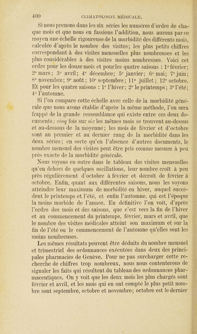 Si nous prenons dans les six séries les numéros d’ordre de cha- que mois et que nous en fassions l’addition, nous aurons parce moyen une échelle rigoureuse de la morbidité des différents mois, calculée d’après le nombre des visites; les plus petits chiffres correspondant à des visites mensuelles plus nombreuses et les plus considérables à des visites moins nombreuses. Voici cet ordre pour les douze mois et pour les quatre saisons : 1° février; 2° mars ; 3'^ avril; 4° décembre; 5° janvier; 6'Mnai; 7\juin; novembre; 9^ août; 10 septembre; 11“ juillet; 12 octobre. Et pour les quatre saisons : 1 l’hiver; 2 le printemps; 3 l’été; 4“ l’automne. Si l’on compare cette échelle avec celle de la morbidité géné- rale que nous avons établie d’après la même méthode, l’on sera frappé de la grande ressemblance qui existe entre ces deux do- cuments ; cimi fois sur six les mêmes mois se trouvent au-dessus et au-dessous de la moyenne ; les mois de février et d’octobre sont au premier et au dernier rang de la morbidité dans les deux séries; en sorte qu’en l’absence d’autres documents, le nombre mensuel des visites peut être pris comme mesure à peu près exacte de la morbidité générale. Nous voyons en outre dans le tableau des visites mensuelles qu’en dehors de quelques oscillations, leur nombre croît à peu près régulièrement d’octobre à février et décroît de février à octobre. Enfin, quant aux différentes saisons, nous les voyons atteindre leur maximum de morbidité en hiver, auquel succè- dent le printemps et l’été, et enfin l’automne, qui est l’époque la moins morbide de l’année. En définitive l’on voit, d’après l’ordre des mois et des saisons, que c’est vers la fin de l’hiver et au commencement du printemps, février, mars et avril, que le nombre des visites médicales atteint son maximum et sur la fin de l’été ou le commencement de l’automne qu’elles sont les moins nombreuses. Les mêmes résultats peuvent être déduits du nombre mensuel et trimestriel des ordonnances exécutées dans deux des princi- pales pharmacies de Genève. Pour ne pas surcharger cette re- cherche de chiffres trop nombreux, nous nous contenterons de signaler les faits qui résultent du tableau des ordonnances phar- maceutiques. On y voit que les deux mois les plus chargés sont février et avril, et les mois qui en ont compté le plus petit nom- bre sont septembre, octobre et novembre; octobre est le dernier