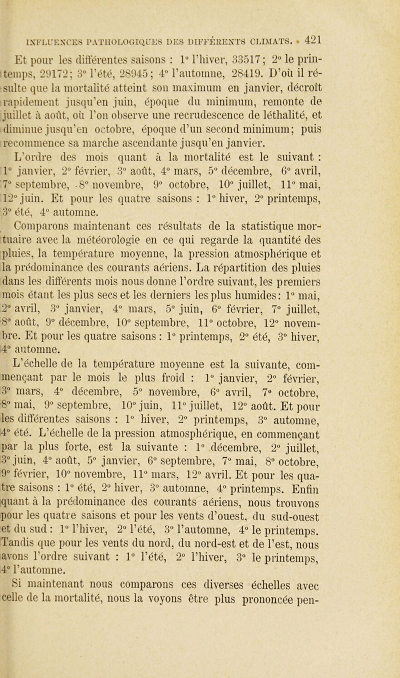 Et pour les dillerentes saisons : 1® l’iiiver, 33517 ; 2« le prin- temps, 29172; 3* l’été, 28045; 4*^ rantomne, 28419. D’où il ré- sulte que la mortalité atteint son maximum en janvier, décroît rapidement jusqu’en juin, époque du minimum, remonte de juillet à août, où l’on observe une recrudescence de léthalité, et diminue jusqu’en octobre, époque d’un second minimum; puis recommence sa marche ascendante jusqu’en janvier. L’ordre des mois quant à la mortalité est le suivant : 1® janvier, 2“ février, 3° août, 4^ mars, 5° décembre, 6® avril, 7*^ septembre, • 8^^ novembre, O'’ octobre, 10® juillet, 11® mai, 12® juin. Et pour les quatre saisons : 1® hiver, 2® printemps, 3® été, 4® automne. Comparons maintenant ces résultats de la statistique mor- tuaire avec la météorologie en ce qui regarde la quantité des pluies, la température moyenne, la pression atmosphérique et la prédominance des courants aériens. La répartition des pluies dans les différents mois nous donne l’ordre suivant, les premiers mois étant les plus secs et les derniers les plus humides: 1® mai, 2® avril, 3® janvier, 4® mars, 5® juin, 6® février, 7® juillet, 8® août, 9® décembre, 10® septembre, 11® octobre, 12® novem- bre. Et pour les quatre saisons : 1® printemps, 2® été, 3® hiver, 4® automne. L’échelle de la température moyenne est la suivante, com- mençant par le mois le plus froid : 1® janvier, 2® février, 3® mars, 4® décembre, 5® novembre, 6® avril, 7® octobre, 8® mai, 9® septembre, 10® juin, 11® juillet, 12® août. Et pour les différentes saisons : 1® hiver, 2® printemps, 3® automne, 4® été. L’échelle de la pression atmosphérique, en commençant par la plus forte, est la suivante : 1® décembre, 2® juillet, 3® juin, 4® août, 5® janvier, 6® septembre, 7® mai, 8® octobre, 9® février, 10® novembre, 11® mars, 12® avril. Et pour les qua- tre saisons : 1® été, 2® hiver, 3® automne, 4® printemps. Enfin quant à la prédominance des courants aériens, nous trouvons pour les quatre saisons et pour les vents d’ouest, du sud-ouest et du sud : 1® l’hiver, 2® l’été, 3® l’automne, 4® le printemps. Tandis que pour les vents du nord, du nord-est et de l’est, nous avons l’ordre suivant : 1® l’été, 2® l’hiver, 3® le printemps, 4® l’automne. Si maintenant nous comparons ces diverses échelles avec celle de la mortalité, nous la voyons être plus prononcée peu-