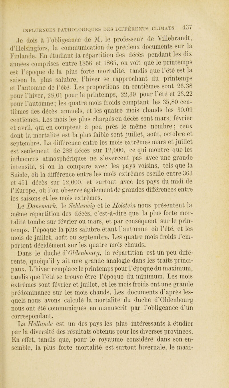 eïe dois à robligeauce de aI. le professeur de Villebrancit, (rilelsingfors, la communication de précieux documents sur la Finlande. En étudiant la répartition des décès pendant les dix années comprises entre 185() et 1865, on voit que le printemps est Fépoque de la plus forte mortalité, tandis que l’été est la saison la plus salubre, l’hiver se rapprochant du printemps et l’automne de l’été. Les proportions en centièmes sont 26,38 pour l’hiver, 28,01 pour le printemps, 22,39 pour l’été et 23,22 l)Our l’automne; les quatre mois froids comptant les 35,80 cen- tièmes des décès annuels, et les quatre mois chauds les 30,09 centièmes. Les mois les plus chargés en décès sont mars, février et avril, qui en comptent à peu près le même nombre ; ceux dont la mortalité est la plus faible sont juillet, août, octobre et septembre. La différence entre les mois extrêmes mars et juillet est seulement de 288 décès sur 12,000, ce qui montre que les influences atmosphériques ne s’exercent pas avec une grande intensité, si on la compare avec les pays voisins, tels que la Suède, oii la différence entre les mois extrêmes oscille entre 363 et 451 décès sur 12,000, et surtout avec les pays du midi de FEurope, où l’on observe également de grandes différences entre les saisons et les mois extrêmes. Le DanemayJc, le Schlesivig et le Holstein nous présentent la même répartition des décès, c’est-à-dire que la plus forte mor- talité tombe sur février ou mars, et par conséquent sur le prin- temps, l’époque la plus salubre étant l’automne où l’été, et les mois de juillet, août ou septembre. Les quatre mois froids rem- portent décidément sur les quatre mois chauds. Dans le duché cVOldenbourg, la répartition est un peu diffé- rente, quoiqu’il y ait une grande analogie dans les traits princi- paux. L’hiver remplace le printemps pour l’époque du maximum, tandis que l’été se trouve être l’époque du minimum. Les mois extrêmes sont février et juillet, et les mois froids ont une grande prédominance sur les mois chauds. Les documents d’après les- quels nous avons calculé la mortalité du duché d’Oldenbourg nous ont été communiqués en manuscrit par l’obligeance d’un correspondant. La Hollande est un des pays les plus intéressants à étudier par la diversité des résultats obtenus pour les diverses provinces. En effet, tandis que, pour le royaume considéré dans son en- semble, la plus forte mortalité est surtout hivernale, le maxi-