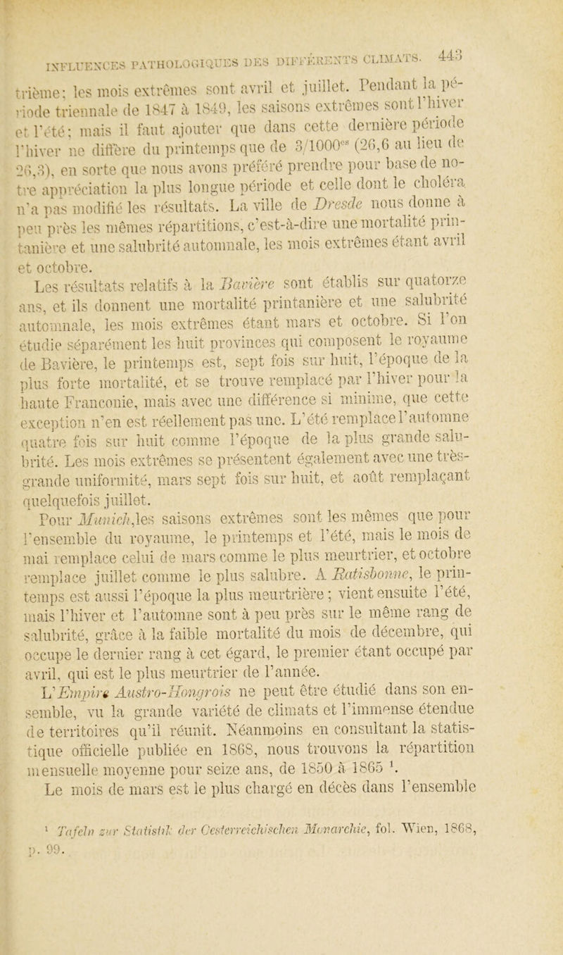 trième: les mois extrenies sont nvril et juillet, rendant la pe- )-iode triennale de 1847 à 1849, les saisons extrêmes sontFluver er Têté; mais il faut ajouter que dans cette dernière période riiiver ne diffère du printemps que de 3/1000'^ (26,6 au lieu de 26,3), en sorte que nous avons préféré prendre pour base de no- tre appréciation la plus longue période et celle dont le choléra, n’a pas modifié les résultats. La ville de Dresde nous donne à peu près les mêmes répartitions, c’est-à-dire une mortalité piiu- taniève et une salubrité automnale, les mois extrêmes étant avril et octobre. Les résultats relatifs à la Bavière sont établis sur quatorze ans, et ils donnent une mortalité printanière et une salubrité autoninale, les mois extrêmes étant mars et octobie. Si 1 on étudie séparément les huit provinces qui composent le royaume de Bavière, le printemps est, sept fois sur huit, l’époque de la plus forte mortalité, et se trouve remplacé par l’hiver pour la haute Franconie, mais avec une différence si minime, que cette exception n’en est réellement pas une. L’été remplace l’automne quatre fois sur huit comme l’époque de la plus grande salu- brité. Les mois extrêmes se présentent également avec une très- grande uniformité, ma,rs sept fois sur huit, et août remplaçant quelquefois juillet. Pour Munich,le'S saisons extrêmes sont les mêmes que pour l’ensemble du royaume, le printemps et l’été, mais le mois de mai remplace celui de mars comme le plus meurtrier, et octobre remplace juillet comme le plus salubre. A Eatishonne, le prin- temps est aussi l’époque la plus meurtrière ; vient ensuite l’été, mais l’hiver et l’automne sont à peu près sur le même rang de salubrité, grâce à la faible mortalité du mois de décembre, qui occupe le dernier rang à cet égard, le premier étant occupé par avril, qui est le plus meurtrier de l’année. Ij'’Empira Austro-Hongrois ne peut être étudié dans son en- semble, vu la grande variété de climats et l’immense étendue de territoires qu’il réunit. Néanmoins en consultant la statis- tique officielle publiée en 1868, nous trouvons la répartition mensuelle moyenne pour seize ans, de 1850 à 1865 L Le mois de mars est le plus chargé en décès dans l’ensemble ^ Tnfcln zur n. 09. StaiisUl (1er Ccsicrreichisclien Morarchic, fol. Wieii, 1868,
