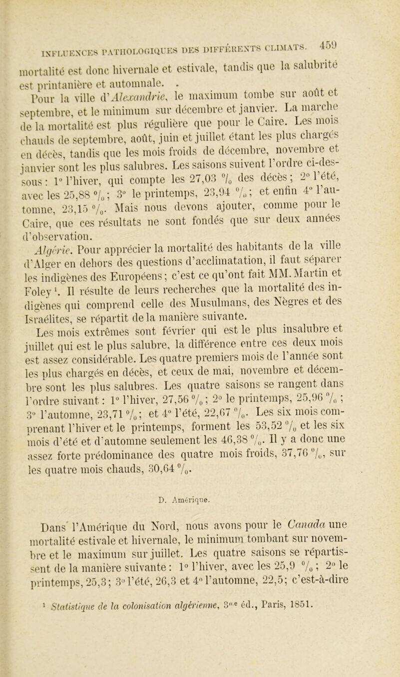 INFLrEXC :es i'atiiolociuues des difféuexts climats. 45Ü mortalité est donc hivernale et estivale, tandis que la salnbnte est printanière et automnale. . ..if Tour la ville iVAlexandrie, le maximum tombe sur août et septembre, et le minimum sur décembre et janvier. La marche de la mortalité est plus régulière que pour le Caire. Les mois chauds de septembre, août, juin et juillet étant les plus cliaigés en décès, tandis que les mois froids de décembre, novembre et janvier sont les plus salubres. Les saisons suivent l’ordre ci-des- sous : L l’hiver, qui compte les 27,03 ®/o des décès , 2 1 été, avec les 25,88 «/„ ; le printemps, 23,94 ; et enfin 4^^ l’au- tomne, 23,15 Vo- nous devons ajouter, comme pour le Caire, que ces résultats ne sont fondés que sur deux années d’observation. AJgcvie. Pour apprécier la mortalité des habitants de la ville d’Alger en dehors des questions d’acclimatation, il faut séparer les indigènes des Européens; c’est ce qu’ont fait MM.Martin et Foley h II résulte de leurs recherches que la mortalité des in- digènes qui comprend celle des Musulmans, des îsègres et des Israélites, se répartit delà manière suivante. Les mois extrêmes sont février qui est le plus insalubie et juillet qui est le plus salubre, la différence entre ces deux mois est assez considérable. Les quatre premiers mois de 1 année sont les plus chargés en décès, et ceux de mai, novembre et décem- bre sont les plus salubres. Les quatre saisons se rangent dans l’ordre suivant : 1° l’hiver, 27,56 7o5 printemps, 25,96 /„ ; 3« l’automne, 23,71 7o‘, et 4^^ l’été, 22,67 Les six mois com- prenant l’hiver et le printemps, forment les 53,52 7'o et les six mois d’été et d'automne seulement les 46,38 7u- L y a donc une assez forte prédominance des quatre mois froids, 37,76 7u^ les quatre mois chauds, 30,64 7o* D. Amérique. Dans' l’Amérique du Nord, nous avons pour le Canada une mortalité estivale et hivernale, le minimum tombant sur novem- bre et le maximum sur juillet. Les quatre saisons se répartis- sent de la manière suivante ; 1» l’hiver, avec les 25,9 ; 2 le printemps, 25,3; .3» l’été, 26,3 et 4 l’automne, 22,5; c’est-à-dire ^ Statistique de la colonisation algérienne, éd., Paris, 1851.