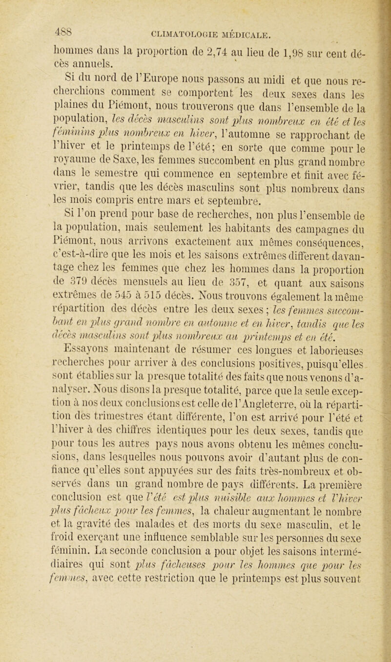 liomraes dans la proportion de 2,74 au lieu de 1,98 sur cent dé- cès annuels. Si du nord de l’Europe nous passons au midi et que nous re- cliercliions comment se comportent les deux sexes dans les plaines du Piémont, nous trouverons que dans l’ensemble de la population, les décès masculins sont plus nombreux en été et les féminins plits nombreux en hiver, l’automne se rapprochant de l’hiver et le printemps de l’été; en sorte que comme pour le royaume de Saxe, les femmes succombent en plus grand nombre dans le semestre qui commence en septembre et finit avec fé- vrier, tandis que les décès masculins sont plus nombreux dans les mois compris entre mars ec septembre. Si l’on prend pour base de recherches, non plus l’ensemble de la population, mais seulement les habitants des campagnes du Piémont, nous arrivons exactement aux mêmes conséquences, c est-à-dire que les mois et les saisons extrêmes diffèrent davan- tage chez les femmes que chez les hommes dans la proportion de 379 décès mensuels au lieu de 357, et quant aux saisons extrêmes de 545 à 515 décès, hious trouvons également la même répartition des décès entre les deux sexes ; les femmes succom- bant en plus grand nombre en automne et en hiver, tandis que les décès mascidins sont plus nombreux au printemps et en été. Essayons maintenant de résumer ces longues et laborieuses recherches pour arriver à des conclusions positives, puisqu’elles sont établies sur la i)resque totalité des faits que nous venons d’a- nalyser. Nous disons la presque totalité, parce que la seule excep- tion à nos deux conclusions est celle de l’Angleterre, où la réparti- tion des trimestres étant différente, l’on est arrivé pour l’été et l’hiver à des chiffres identiques pour les deux sexes, tandis que pour tous les autres pays nous avons obtenu les mêmes conclu- sions, dans lesquelles nous pouvons avoir d’autant plus de con- fiance qu’elles sont appuyées sur des faits très-nombreux et ob- servés dans un grand nombre de pays différents. La première conclusion est que Pcfc est plus nuisible aux hommes et Vhiver plus fâcheux pour les femmes, la chaleur augmentant le nombre et la gravité des malades et des morts du sexe masculin, et le froid exerçant une influence semblable sur les personnes du sexe féminin. La seconde conclusion a pour objet les saisons intermé- diaires qui sont plus fâcheuses pour les hommes que pour les femmes, avec cette restriction que le printemps est plus souvent