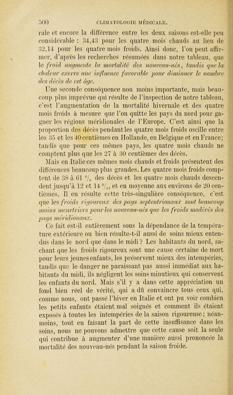 raie et encore la différence entre les deux saisons est-elle peu considérable : 34,43 pour les quatre mois chauds au lieu de 32,14 pour les quatre mois froids. Ainsi donc. Ton peut affir- mer, d’après les recherches résumées dans notre tableau, que le froid augmente la mortalité des nouveau-nés^ tandis quêta cladeur exerce une influence favorable pour diminuer le nombre des décès de cet âge. Une seconde conséquence non moins importante, mais beau- coup plus imprévue qui résulte de l’inspection de notre tableau, c’est l’augmentation de la mortalité hivernale et des quatre mois froids k mesure que l’on quitte les pays du nord pour ga- gner les régions méridionales de l’Europe. C’est ainsi que la proportion des décès pendant les quatre mois froids oscille entre les 35 et les 40 centièmes en Hollande, en Belgique et en France; tandis que pour ces mêmes pays, les quatre mois chauds ne comptent plus que les 27 h 30 centièmes des décès. Mais en Italie ces mêmes mois chauds et froids présentent des différences beaucoup plus grandes. Les quatre mois froids comp- tent de 38 à G1 7o ^^es décès et les quatre mois chauds descen- dent jusqu’à 12 et 14 7o, et en moyenne aux environs de 20 cen- tièmes. Il en résulte cette très-singulière conséquence, c’est que les froids rigoureux des pays septentrionaux sont beaucoup moins meurtriers qmir les nouveau-nés que les froids modérés des pays méridionaux. Ce fait est-il entièrement sous la dépendance de la tempéra- ture extérieure ou bien résulte-t-il aussi de soins mieux enten- dus dans le nord que dans le midi ? Les habitants du nord, sa- chant que les froids rigoureux sont une cause certaine de mort pour leurs jeunes enfants, les préservent mieux des intempéries, tandis que le danger ne paraissant pas aussi immédiat aux ha- bitants du midi, ils négligent les soins minutieux qui conservent les enfants du nord. Mais s’il y a dans cette appréciation un fond bien réel de vérité, qui a dû convaincre tous ceux qui, comme nous, ont passé l’hiver en Italie et ont pu voir combien les petits enfants étaient mal soignés et comment ils étaient exposés à toutes les intempéries de la saison rigoureuse ; néan- moins, tout en faisant la part de cette insuffisance dans les soins, nous ne pouvons admettre que cette cause soit la seule qui contribue k augmenter d’une manière aussi prononcée la mortalité des nouveau-nés pendant la saison froide.