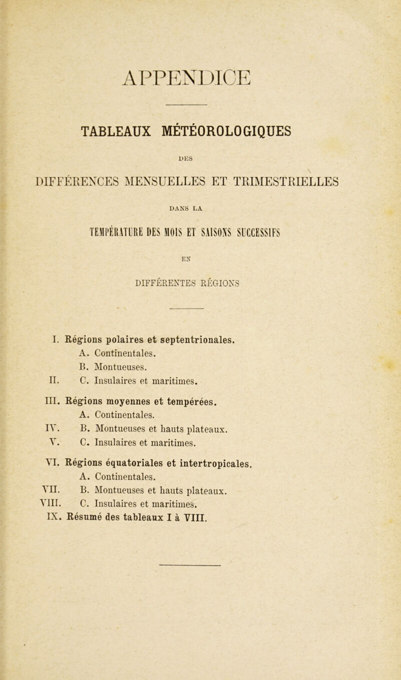 APPENDICE TABLEAUX MÉTÉOROLOGIQUES dî::s DIFFÉRENCES MENSUELLES ET TRIMESTRIELLES DANS LA TEMI’ÉRATÜRE DES MOIS ET SAISOSS SUCCESSIFS EN DIFFÉRENTES RÉGIONS I. Régions polaires et septentrionales. A. Continentales. B. Montueuses. IL C. Insulaires et maritimes, III. Régions moyennes et tempérées. A. Continentales. IV. B. Montueuses et hauts plateaux. V. C. Insulaires et maritimes. VI. Régions équatoriales et intertropicales. A. Continentales. VIL B. Montueuses et hauts plateaux. YlII. C. Insulaires et maritimes.