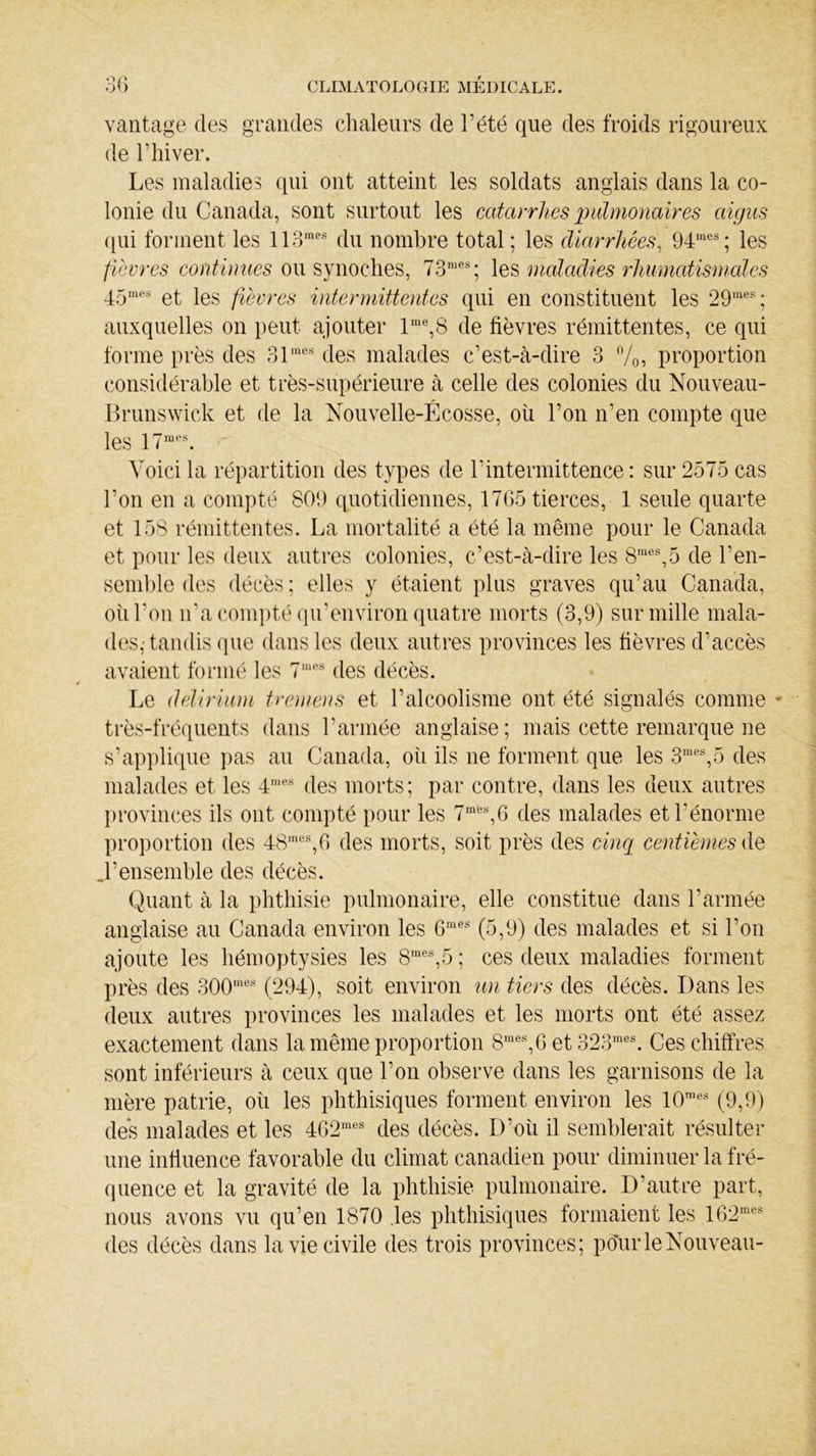 vantage des grandes chaleurs de l’été que des froids rigoureux de l’hiver. Les maladies qui ont atteint les soldats anglais dans la co- lonie du Canada, sont surtout les catarrhes pulmonaires aigus qui forment les 113raes du nombre total ; les diarrhées, 94mes; les fièvres continues ou synoches, 73mes; les maladies rhumatismales 45mes et les fièvres intermittentes qui en constituent les 29mes; auxquelles on peut ajouter lme,8 de fièvres rémittentes, ce qui forme près des 31mes des malades c’est-à-dire 3 %, proportion considérable et très-supérieure à celle des colonies du Nouveau- Brunswick et de la Nouvelle-Écosse, où l’on n’en compte que les 17raes. Voici la répartition des types de l’intermittence : sur 2575 cas l’on en a compté 809 quotidiennes, 1765 tierces, 1 seule quarte et 158 rémittentes. La mortalité a été la même pour le Canada et pour les deux autres colonies, c’est-à-dire les 8,nes,5 de l’en- semble des décès; elles y étaient plus graves qu’au Canada, où l’on n’a compté qu’environ quatre morts (3,9) sur mille mala- des,-tandis ([lie dans les deux autres provinces les fièvres d’accès avaient formé les 7mes des décès. Le delirium tremens et l’alcoolisme ont été signalés comme * très-fréquents dans l’armée anglaise; mais cette remarque ne s’applique pas au Canada, où ils ne forment que les 3mes,5 des malades et les 4mes des morts; par contre, dans les deux autres provinces ils ont compté pour les 7mes,6 des malades et l’énorme proportion des 48mes,6 des morts, soit près des cinq centièmes de J’ensemble des décès. Quant à la phthisie pulmonaire, elle constitue dans l’armée anglaise au Canada environ les 6nies (5,9) des malades et si l’on ajoute les hémoptysies les 8mes,5 ; ces deux maladies forment près des 300mes (294), soit environ un tiers des décès. Dans les deux autres provinces les malades et les morts ont été assez exactement dans la même proportion 8mes,6 et 323mes. Ces chiffres sont inférieurs à ceux que l’on observe dans les garnisons de la mère patrie, où les phthisiques forment environ les 10nies (9,9) des malades et les 462mes des décès. D’où il semblerait résulter une influence favorable du climat canadien pour diminuer la fré- quence et la gravité de la phthisie pulmonaire. D’autre part, nous avons vu qu’en 1870 les phthisiques formaient les 162mes des décès dans la vie civile des trois provinces; pour le Nouveau-