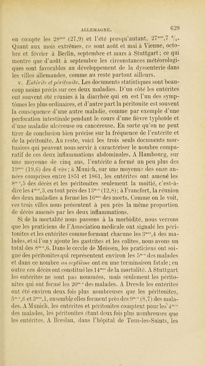 en compte les 28raes (27,9) et l’été presqu’autant, 27,nes,7 %• Quant aux mois extrêmes, ce sont août et mai à Vienne, octo- bre et février à Berlin, septembre et mars à Stuttgart ; ce qui montre que d’août à septembre les circonstances météorologi- ques sont favorables au développement de la dyssenterie dans les villes allemandes, comme au reste partout ailleurs. v. Entérite et péritonite. Les documents statistiques sont beau- coup moins précis sur ces deux maladies. D’un côté les entérites ont souvent été réunies à la diarrhée qui en est l’un des symp- tômes les plus ordinaires, et d’autre part la péritonite est souvent la conséquence d’une autre maladie, comme par exemple d’une perforation intestinale pendant le cours d’une fièvre typhoïde et d’une maladie ulcéreuse ou cancéreuse. En sorte qu’on ne peut tirer de conclusion bien précise sur la fréquence de l’entérite et de la péritonite. Au reste, voici les trois seuls documents mor- tuaires qui peuvent nous servir à caractériser le nombre compa- ratif de ces deux inflammations abdominales. A Hambourg, sur une moyenne de cinq ans, l’entérite a formé un peu plus des 19mes (19,6) des d>cès ; à Munich, sur une moyenne des onze an- nées comprises entre 1851 et 1861, les entérites ont amené les 8m s,5 des décès et les péritonites seulement la moitié, c’est-à- dire les 4m3S,3, en tout près des 13m3S (12,8) ; à Francfort, la réunion des deux maladies a formé les 16mes des morts. Comme on le voit, ces trois villes nous présentent à peu près la même proportion de décès amenés par les deux inflammations. Si de la mortalité nous passons à la morbidité, nous verrons que les praticiens de l’Association médicale ont signalé les péri- tonites elles entérites comme formant chacune les 3mes,4 des ma- lades, et si l’on y ajoute les gastrites et les colites, nous avons un total des Smes,6. Dans le cercle de Meissen, les praticiens ont soi- gné des péritonites qui représentent environ les 5rn>sdes malades et dans ce nombre un septième ont eu une terminaison fatale ; en outre ces décès ont constitué les 14'nes delà mortalité. A Stuttgart les entérites ne sont pas nommées, mais seulement les périto- nites qui ont formé les 20m s des malades. A Dresde les entérites ont été environ deux fois plus nombreuses que les péritonites, 5m s,6 et3mes,l, ensemble elles forment près des 9m s (8,7) des mala- des. A Munich, les entérites et péritonites comptent pour les4mes des malades, les péritonites étant deux fois plus nombreuses que les entérites. A Breslau, dans l’hôpital de Tous-les-Saints, les