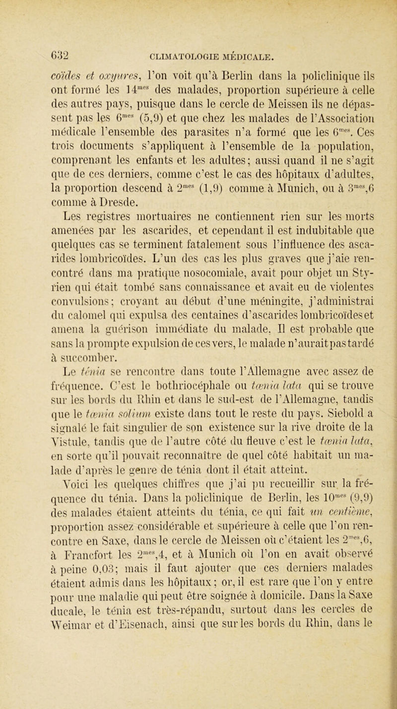 G32 coides et oxyures, l’on voit qu’à Berlin dans la policlinique ils ont formé les 14mes des malades, proportion supérieure à celle des autres pays, puisque dans le cercle de Meissen ils ne dépas- sent pas les 6mes (5,9) et que chez les malades de l’Association médicale l’ensemble des parasites n’a formé que les 6mes. Ces trois documents s’appliquent à l’ensemble de la population, comprenant les enfants et les adultes; aussi quand il ne s’agit que de ces derniers, comme c’est le cas des hôpitaux d’adultes, la proportion descend à 2raes (1,9) comme à Munich, ou à 3mes,6 comme à Dresde. Les registres mortuaires ne contiennent rien sur les morts amenées par les ascarides, et cependant il est indubitable que quelques cas se terminent fatalement sous l’influence des asca- rides lombricoïdes. L’un des cas les plus graves que j’aie ren- contré dans ma pratique nosocomiale, avait pour objet un Stv- rien qui était tombé sans connaissance et avait eu de violentes convulsions; croyant au début d’une méningite, j’administrai du calomel qui expulsa des centaines d’ascarides lombricoïdes et amena la guérison immédiate du malade. Il est probable que sans la prompte expulsion de ces vers, le malade n’aurait pas tardé à succomber. Le ténia se rencontre dans toute l’Allemagne avec assez de fréquence. C’est le bothriocéphale ou tamia lata qui se trouve sur les bords du Rhin et dans le sud-est de l’Allemagne, tandis que le tcenia solium existe dans tout le reste du pays. Siebold a signalé le fait singulier de son existence sur la rive droite de la Yistule, tandis que de l’autre côté du fleuve c’est le tcenia lata, en sorte qu’il pouvait reconnaître de quel côté habitait un ma- lade d’après le genre de ténia dont il était atteint. Voici les quelques chiffres que j’ai pu recueillir sur la fré- quence du ténia. Dans la policlinique de Berlin, les 10,ues (9,9) des malades étaient atteints du ténia, ce qui fait un centième, proportion assez considérable et supérieure à celle que l’on ren- contre en Saxe, dans le cercle de Meissen où c’étaient les 2mes,6, à Francfort les 2mes,4, et à Munich où l’on en avait observé à peine 0,03; mais il faut ajouter que ces derniers malades étaient admis dans les hôpitaux ; or, il est rare que Ton y entre pour une maladie qui peut être soignée à domicile. Dans la Saxe ducale, le ténia est très-répandu, surtout dans les cercles de Weimar et d’Eisenach, ainsi que sur les bords du Rhin, dans le