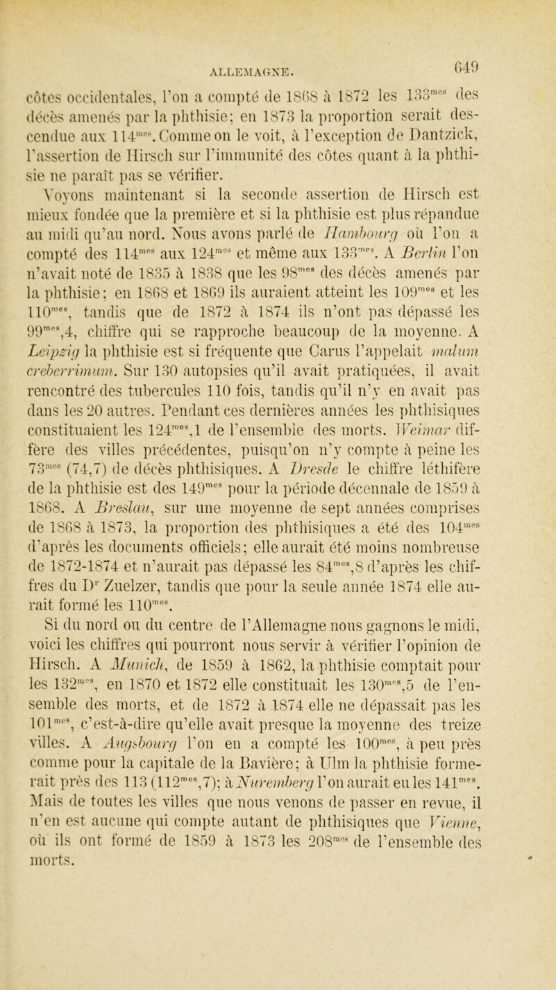 côtes occidentales, l'on a compté de 1868 à 1872 les 133raes des décès amenés par la phthisie; en 1873 la proportion serait des- cendue aux 114me\ Comme on le voit, à l’exception de Dantzick, l'assertion de Hirsch sur l’immunité des cotes quant à la phthi- sie ne paraît pas se vérifier. Voyons maintenant si la seconde assertion de Hirsch est mieux fondée que la première et si la phthisie est plus répandue au midi qu’au nord. Nous avons parlé de Hambourg où l'on a compté des 114mes aux 124mes et même aux 133™*. A Berlin l’on n’avait noté de 1835 à 1838 que les 98mes des décès amenés par la phthisie; en 1868 et 1869 ils auraient atteint les 109mO8 et les 110mes, tandis que de 1872 à 1874 ils n’ont pas dépassé les 99me8,4, chiffre qui se rapproche beaucoup de la moyenne. A Leipzig la phthisie est si fréquente que Carus l’appelait malum creberrimum. Sur 130 autopsies qu’il avait pratiquées, il avait rencontré des tubercules 110 fois, tandis qu’il n’ v en avait pas dans les 20 autres. Pendant ces dernières années les phthisiques constituaient les 124mes,l de l’ensemble des morts. Weimar dif- fère des villes précédentes, puisqu’on n’y compte à peine les 73mes (74,7) de décès phthisiques. A Dresde le chiffre léthifère de la phthisie est des 149mes pour la période décennale de 1859 à 1868. A Breslau, sur une moyenne de sept années comprises de 1868 à 1873, la proportion des phthisiques a été des 104mes d’après les documents officiels; elle aurait été moins nombreuse de 1872-1874 et n’aurait pas dépassé les 84mes,8 d’après les chif- fres du Dr Zuelzer, tandis que pour la seule année 1874 elle au- rait formé les 110mes. Si du nord ou du centre de l’Allemagne nous gagnons le midi, voici les chiffres qui pourront nous servir à vérifier l’opinion de Hirsch. A Munich, de 1859 à 1862, la phthisie comptait pour les 132mes, en 1870 et 1872 elle constituait les 130me8,5 de l'en- semble des morts, et de 1872 à 1874 elle ne dépassait pas les 101mes, c’est-à-dire qu’elle avait presque la moyenne des treize villes. A Augsbourg l’on en a compté les 100raes, à peu près comme pour la capitale de la Bavière; h Ulm la phthisie forme- rait près des 113 (112me8,7); h Nuremberg l’on aurait eu les 141mes. Mais de toutes les villes que nous venons de passer en revue, il n’en est aucune qui compte autant de phthisiques que Vienne, où ils ont formé de 1859 à 1873 les 208mes de l’ensemble des morts.