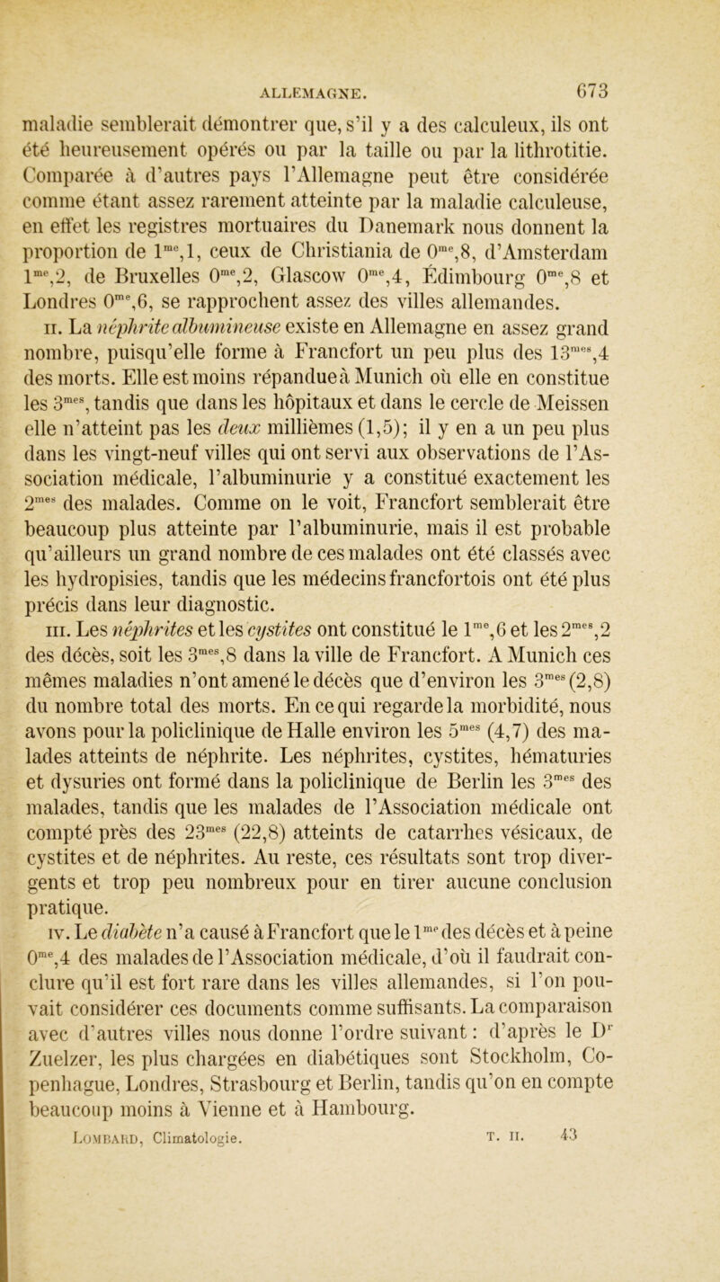 maladie semblerait démontrer que, s’il y a des calculeux, ils ont été heureusement opérés ou par la taille ou par la lithrotitie. Comparée à d’autres pays l’Allemagne peut être considérée comme étant assez rarement atteinte par la maladie calculeuse, en effet les registres mortuaires du Danemark nous donnent la proportion de lrac,l, ceux de Christiania de 0,ne,8, d’Amsterdam lme,2, de Bruxelles 0me,2, Glascow 0me,4, Edimbourg 0me,8 et Londres 0me,6, se rapprochent assez des villes allemandes. ii. La néphrite albumineuse existe en Allemagne en assez grand nombre, puisqu’elle forme à Francfort un peu plus des 13nie8,4 des morts. Elle est moins répandue à Munich où elle en constitue les 3mes, tandis que dans les hôpitaux et dans le cercle de Meissen elle n’atteint pas les deux millièmes (1,5); il y en a un peu plus dans les vingt-neuf villes qui ont servi aux observations de l’As- sociation médicale, l’albuminurie y a constitué exactement les 2mes des malades. Comme on le voit, Francfort semblerait être beaucoup plus atteinte par l’albuminurie, mais il est probable qu’ailleurs un grand nombre de ces malades ont été classés avec les hydropisies, tandis que les médecins francfortois ont été plus précis dans leur diagnostic. in. Les néphrites et les cystites ont constitué le lme,6 et les 2mes,2 des décès, soit les 3mes,8 dans la ville de Francfort. A Munich ces mêmes maladies n’ont amené le décès que d’environ les 3mes(2,8) du nombre total des morts. En ce qui regarde la morbidité, nous avons pour la policlinique de Halle environ les 5raes (4,7) des ma- lades atteints de néphrite. Les néphrites, cystites, hématuries et dysuries ont formé dans la policlinique de Berlin les 3mes des malades, tandis que les malades de l’Association médicale ont compté près des 23mes (22,8) atteints de catarrhes vésicaux, de cystites et de néphrites. Au reste, ces résultats sont trop diver- gents et trop peu nombreux pour en tirer aucune conclusion pratique. iv. Le diabète n’a causé à Francfort que le lme des décès et à peine 0me,4 des malades de l’Association médicale, d’où il faudrait con- clure qu’il est fort rare dans les villes allemandes, si l’on pou- vait considérer ces documents comme suffisants. La comparaison avec d’autres villes nous donne l’ordre suivant : d’après le D1 Zuelzer, les plus chargées en diabétiques sont Stockholm, Co- penhague, Londres, Strasbourg et Berlin, tandis qu’on en compte beaucoup moins à Vienne et à Hambourg. Lombard, Climatologie. T. II. 43