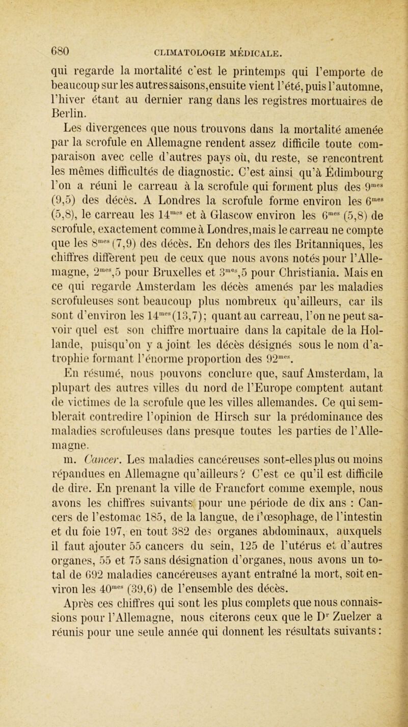 qui regarde la mortalité c'est le printemps qui l’emporte de beaucoup sur les autres saisons,ensuite vient l’été, puis l’automne, l’hiver étant au dernier rang dans les registres mortuaires de Berlin. Les divergences que nous trouvons dans la mortalité amenée par la scrofule en Allemagne rendent assez difficile toute com- paraison avec celle d’autres pays où, du reste, se rencontrent les mêmes difficultés de diagnostic. C’est ainsi qu’à Edimbourg l’on a réuni le carreau à la scrofule qui forment plus des 9,nes (9,5) des décès. A Londres la scrofule forme environ les 6mes (5,8), le carreau les 14mes et à Glascow environ les 6mes (5,8) de scrofule, exactement comme à Londres,mais le carreau ne compte que les 8mes(7,9) des décès. En dehors des îles Britanniques, les chiffres diffèrent peu de ceux que nous avons notés pour l’Alle- magne, 2mes,5 pour Bruxelles et 3mes,5 pour Christiania. Mais en ce qui regarde Amsterdam les décès amenés par les maladies scrofuleuses sont beaucoup plus nombreux qu’ailleurs, car ils sont d’environ les 14mes(13,7); quant au carreau, l’on ne peut sa- voir quel est son chiffre mortuaire dans la capitale de la Hol- lande, puisqu’on y a joint les décès désignés sous le nom d’a- trophie formant l’énorme proportion des 92mes. En résumé, nous pouvons conclure que, sauf Amsterdam, la plupart des autres villes du nord de l’Europe comptent autant de victimes de la scrofule que les villes allemandes. Ce qui sem- blerait contredire l’opinion de Hirsch sur la prédominance des maladies scrofuleuses dans presque toutes les parties de l’Alle- magne. m. Cancer. Les maladies cancéreuses sont-elles plus ou moins répandues en Allemagne qu’ailleurs? C’est ce qu’il est difficile de dire. En prenant la ville de Francfort comme exemple, nous avons les chiffres suivants pour une période de dix ans : Can- cers de l’estomac 185, de la langue, de l’œsophage, de l’intestin et du foie 197, en tout 382 des organes abdominaux, auxquels il faut ajouter 55 cancers du sein, 125 de l’utérus et d’autres organes, 55 et 75 sans désignation d’organes, nous avons un to- tal de 692 maladies cancéreuses ayant entraîné la mort, soit en- viron les 40raes (39,6) de l’ensemble des décès. Après ces chiffres qui sont les plus complets que nous connais- sions pour l’Allemagne, nous citerons ceux que le Dr Zuelzer a réunis pour une seule année qui donnent les résultats suivants :