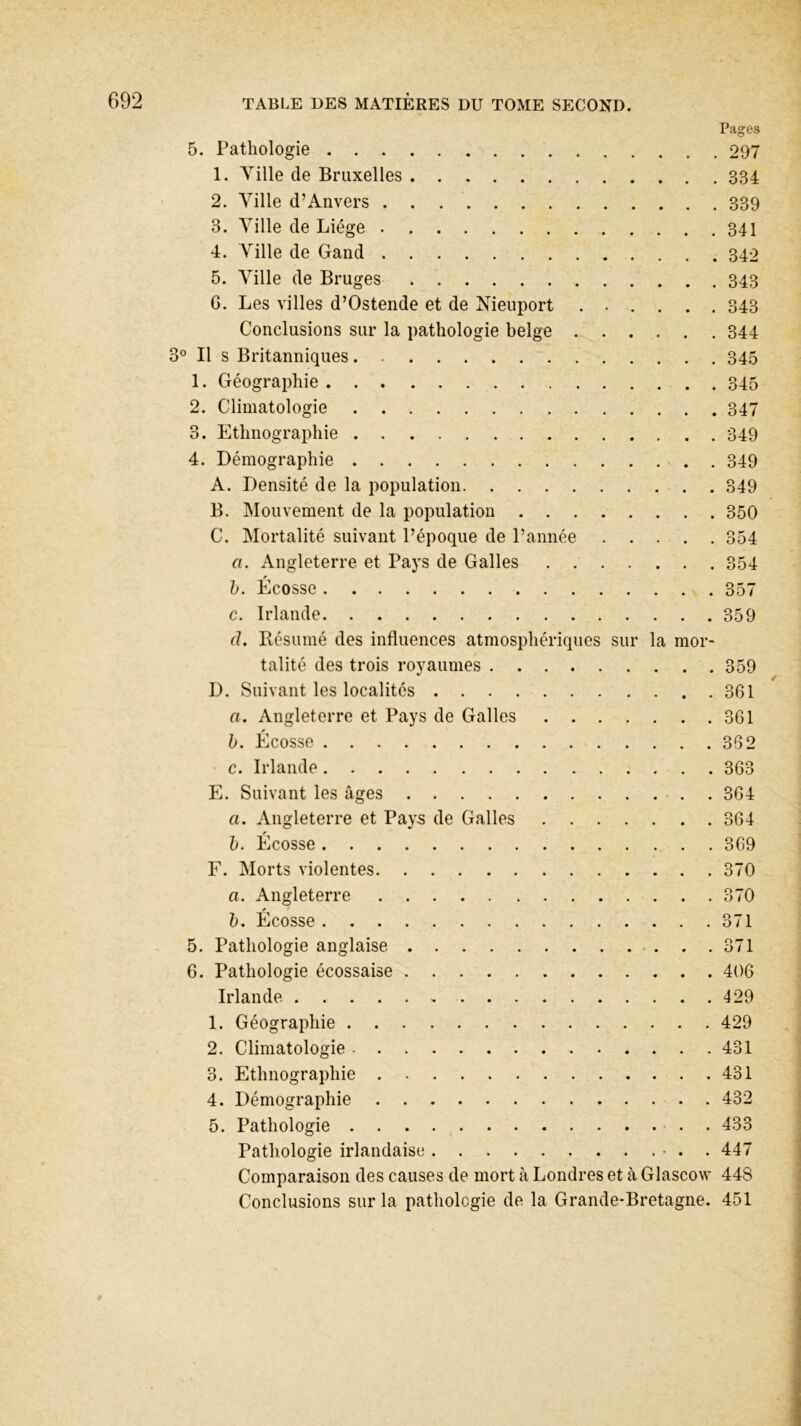 Pages 5. Pathologie 297 1. Yille de Bruxelles 334 2. Yille d’Anvers 339 3. Yille de Liège 341 4. Yille de Gand 342 5. Yille de Bruges 343 G. Les villes d’Ostende et de Nieuport ...... 343 Conclusions sur la pathologie belge 344 3° Il s Britanniques 345 1. Géographie 345 2. Climatologie 347 3. Ethnographie 349 4. Démographie 349 A. Densité de la population 349 B. Mouvement de la population 350 C. Mortalité suivant l’époque de l’année 354 a. Angleterre et Pays de Galles 354 * b. Ecosse 357 c. Irlande 359 d. Résumé des influences atmosphériques sur la mor- talité des trois royaumes 359 D. Suivant les localités 361 a. Angleterre et Pays de Galles 361 b. Écosse 362 c. Irlande 363 E. Suivant les âges . 364 a. Angleterre et Pays de Galles 364 b. Écosse 369 F. Morts violentes 370 a. Angleterre 370 b. Écosse 371 5. Pathologie anglaise 371 6. Pathologie écossaise 406 Irlande 429 1. Géographie 429 2. Climatologie 431 3. Ethnographie 431 4. Démographie 432 5. Pathologie . 433 Pathologie irlandaise • . . 447 Comparaison des causes de mort à Londres et à Glascow 448 Conclusions sur la pathologie de la Grande-Bretagne. 451