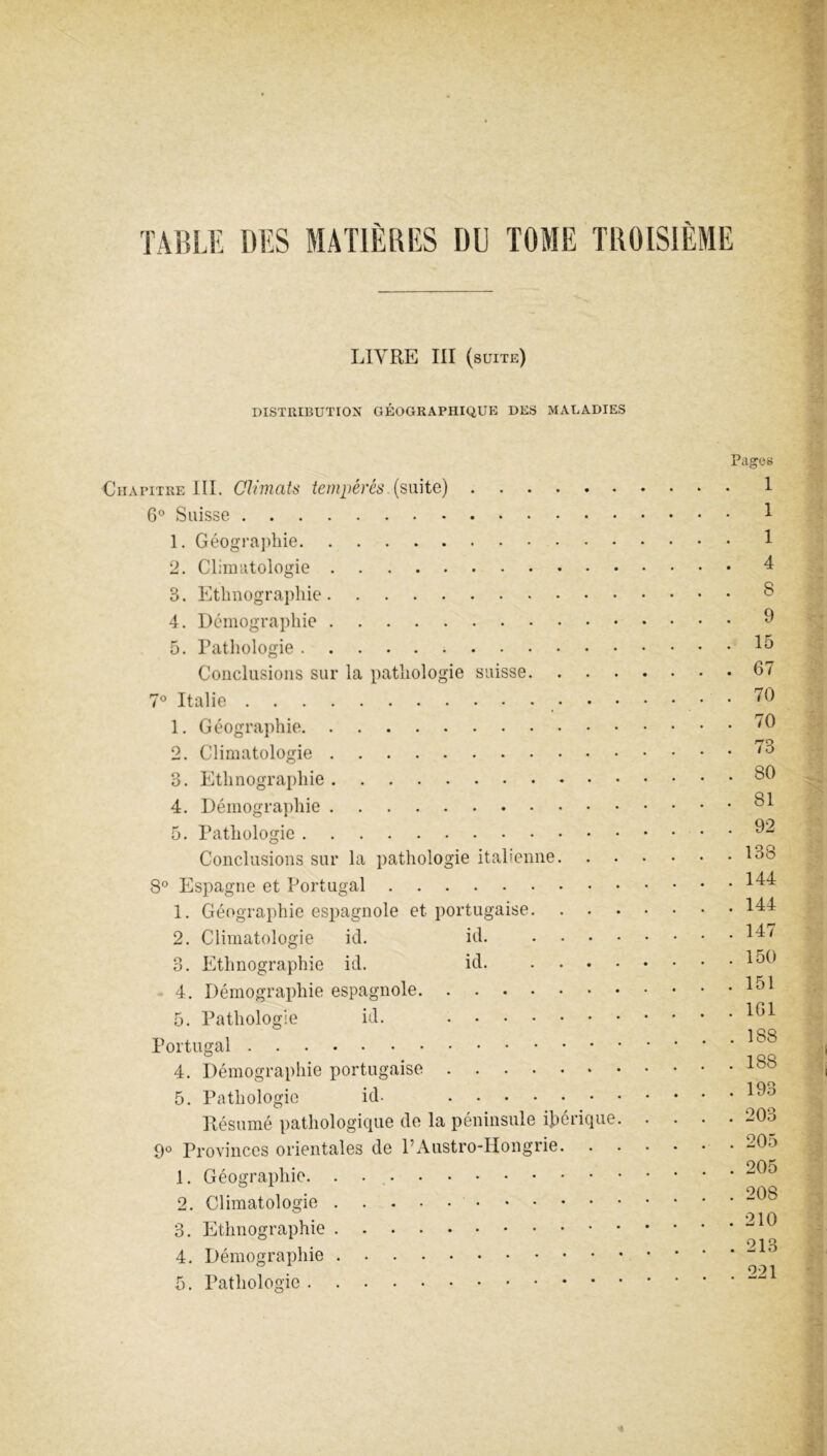 LIVRE m (suite) DISTRIBUTION GÉOGRAPHIQUE DES MALADIES HAPiTRE III. Ohiucits tempérés.{sMÎte) 6® Suisse 1. Géogra])hie 2. Climatologie 3. Ethnographie 4. I)(?mographie 5. Pathologie Conclusions sur la pathologie suisse 7° Italie 1. Géographie 2. Climatologie 3. Ethnographie 4. Démographie 5. Pathologie Conclusions sur la pathologie italienne 8® Espagne et Portugal 1. Géographie espagnole et portugaise 2. Climatologie id. id. 3. Ethnographie id. id. 4. Démographie espagnole 5. Pathologie id. Portugal 4. Démographie portugaise 5. Pathologie id. Pésumé pathologique de la péninsule ijbcrique. . . . 9® Provinces orientales de PAustro-Hongrie 1. Géographie. . . 2. Climatologie 3. Ethnographie 4. Démographie 5. Pathologie Pages 1 1 . 1 . 4 . 8 . 9 . 15 . 67 . 70 . 70 . 73 . 80 . 81 . 92 . 138 . 144 . 144 . 147 . 150 . 151 . IGl . 188 . 188 . 193 . 203 . 205 . 205 . 208 . 210 . 213 . 221