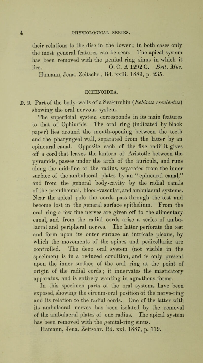 their relations to the disc in the lower; in both cases only the most general features can be seen. The apical system has been removed with the genital ring sinus in which it lies. 0. C. A 1292 C. Brit. Mus. Hamann, Jena. Zeitschr., Bd. xxiii. 1889, p. 235. ECHINOIDEA. D. 2. Part of the body-walls of a Sea-urchin (Echinus esculentus) showing the oral nervous system. The superficial system corresponds in its main features to that of Ophiurids. The oral ring (indicated by black paper) lies around the mouth-opening between the teeth and the pharyngeal wall, separated from the latter by an epineural canal. Opposite each of the five radii it gives off a cord that leaves the lantern of Aristotle between the pyramids, passes under the arch of the auricula, and runs along the mid-line of the radius, separated from the inner surface of the ambulacral plates by an “ epineural canal/5 and from the general body-cavity by the radial canals of the pseudhsemal, blood-vascular, and ambulacral systems. Near the apical pole the cords pass through the test and become lost in the general surface epithelium. From the oral ring a few fine nerves are given off to the alimentary canal, and from the radial cords arise a series of ambu- lacral and peripheral nerves. The latter perforate the test and form upon its outer surface an intricate plexus, by which the movements of the spines and pedicellarise are controlled. The deep oral system (not visible in the specimen) is in a reduced condition, and is only present upon the inner surface of the oral ring at the point of origin of the radial cords ; it innervates the masticatory apparatus, and is entirely wanting in agnathous forms. In this specimen parts of the oral systems have been exposed, showing the circum-oral position of the nerve-ring and its relation to the radial cords. One of the latter with its ambulacral nerves has been isolated by the removal of the ambulacral plates of one radius. The apical system has been removed with the genital-ring sinus. Hamann, Jena. Zeitschr. Bd. xxi. 1887, p. 119.