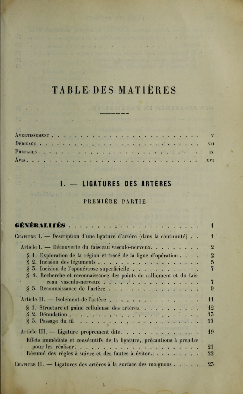 TABLE DES MATIÈRES Avertissement v Dédicace vu Préfaces . ix Avis xvi I. — LIGATURES DES ARTÈRES PREMIÈRE PARTIE GÉNÉRALITÉS 1 Chapitre I. — Description d’une ligature d’artère (dans la continuité) . . 1 ArticleL — Decouverte du faisceau vasculo-ncrveux 2 § 1. Exploration de la région et tracé de la ligne d’opération .... 2 § 2. Incision des téguments 5 § 3. Incision de l’aponévrose superficielle 7 § 4. Recherche et reconnaissance des points de ralliement et du fais- ceau vasculo-nerveux . 7 § 5. Reconnaissance de l’artère 9 Article II. — Isolement de l’artère I l § 1. Structure et gaine celluleuse des artères 12 § 2. Dénudation 13 § 3. Passage du fil 17 Article III. — Ligature proprement dite 19 Effets immédiats et consécutifs de la ligature, précautions à prendre pour les réaliser. 21 Résumé des règles à suivre et des fautes à éviter 22 Chapitre II. — Ligatures des artères à la surface des moignons 25