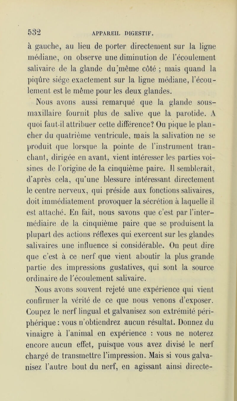 à gauche, au lieu de porter directement sur la ligne médiane, on observe une diminution de l’écoulement salivaire de la glande du jnême côté ; mais quand la piqûre siège exactement sur la ligne médiane, l’écou- lement est le même pour les deux glandes. Nous avons aussi remarqué que la glande sous- maxillaire fournit plus de salive que la parotide. A quoi faut-il attribuer cette différence? On pique le plan- cher du quatrième ventricule, mais la salivation ne se produit que lorsque la pointe de l’instrument tran- chant, dirigée en avant, vient intéresser les parties voi- sines de l’origine de la cinquième paire. Il semblerait, d’après cela, qu’une blessure intéressant directement le centre nerveux, qui préside aux fonctions salivaires, doit immédiatement provoquer la sécrétion à laquelle il est attaché. En fait, nous savons que c’est par l’inter- médiaire de la cinquième paire que se produisent la plupart des actions réflexes qui exercent sur les glandes salivaires une influence si considérable. On peut dire que c’est à ce nerf que vient aboutir la plus grande partie des impressions gustatives, qui sont la source ordinaire de l'écoulement salivaire. Nous avons souvent rejeté une expérience qui vient confirmer la vérité de ce que nous venons d’exposer. Coupez le nerf lingual et galvanisez son extrémité péri- phérique : vous n’obtiendrez aucun résultat. Donnez du vinaigre à l’animal en expérience : vous ne noterez encore aucun effet, puisque vous avez divisé le nerf chargé de transmettre l’impression. Mais si vous galva- nisez l’autre bout du nerf, en agissant ainsi directe-