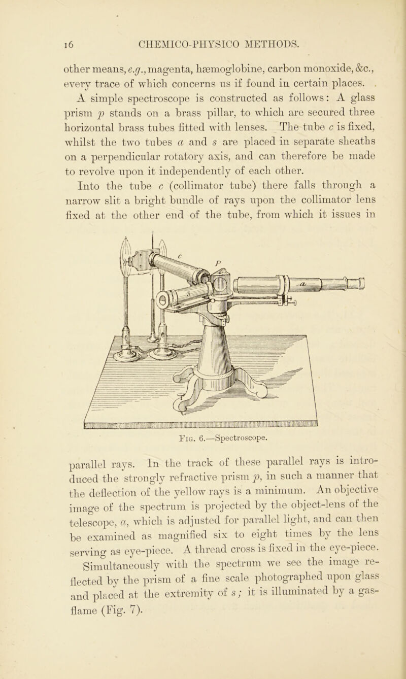 other means, e.g., magenta, haemoglobine, carbon monoxide, &c., every trace of which concerns us if found in certain places. A simple spectroscope is constructed as follows: A glass prism p stands on a brass pillar, to which are secured three horizontal brass tubes fitted with lenses. The tube c is fixed, whilst the two tubes a and s are placed in separate sheaths on a perpendicular rotatory axis, and can therefore be made to revolve upon it independently of each other. Into the tube c (collimator tube) there falls through a narrow slit a bright bundle of rays upon the collimator lens fixed at the other end of the tube, from which it issues in parallel rays. In the track of these parallel rays is intro- duced the strongly refractive prism p, in such a manner that the deflection of the yellow rays is a minimum. An objective image of the spectrum is projected by the object-lens of the telescope, cc, which is adjusted for parallel light, and can then be examined as magnified six to eight times by the lens serving as eye-piece. A thread cross is fixed in the eye-piece. Simultaneously with the spectrum we see the image re- flected by the prism of a fine scale photographed upon glass and placed at the extremity of s; it is illuminated by a gas- flame (Fig. 7).