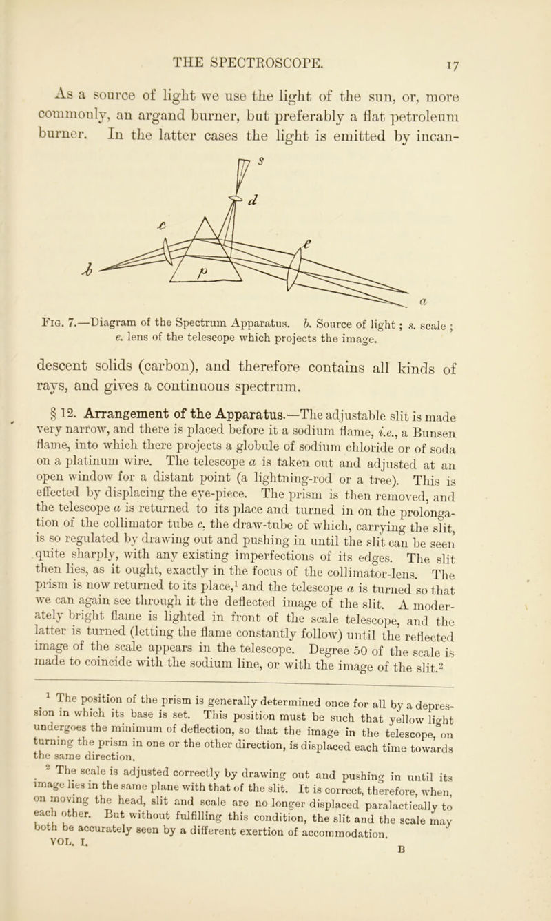 As a source of light we use the light of the sun, or, more commonly, an argand burner, but preferably a flat petroleum burner. In the latter cases the light is emitted by incan- Fig. 7.—Diagram of the Spectrum Apparatus, b. Source of light ; s. scale ; e. lens of the telescope which projects the image. descent solids (carbon), and therefore contains all kinds of rays, and gives a continuous spectrum. § 12. Arrangement of the Apparatus.—The adjustable slit is made very narrow, and there is placed before it a sodium flame, i.e., a Bunsen flame, into which there projects a globule of sodium chloride or of soda on a platinum wire. The telescojie a is taken out and adjusted at an open window for a distant point (a lightning-rod or a tree). This is effected by displacing the eye-piece. The prism is then removed, and the telescope a is returned to its place and turned in on the prolonga- tion of the collimator tube c. the draw-tube of which, carry in(r the slit is so regulated by drawing out and pushing in until the slit can be seen quite sharply, with any existing imperfections of its edges. The slit then lies, as it ought, exactly in the focus of the collimator-lens. The prism is now returned to its place,1 and the telescope a is turned so that we can again see through it the deflected image of the slit. A moder- ately bright flame is lighted in front of the scale telescope, and the latter is turned (letting the flame constantly follow) until the reflected image of the scale appears in the telescope. Degree 50 of the scale is made to coincide with the sodium line, or with the image of the slit.2 The position of the prism is generally determined once for all by a depres- sion in which its base is set. This position must be such that yellow light undergoes the minimum of deflection, so that the image in the telescope, on turning the prism in one or the other direction, is displaced each time towards the same direction. “ The scale is adjusted correctly by drawing out and pushing in until its image lies in the same plane with that of the slit. It is correct, therefore, when on moving the head, slit and scale are no longer displaced paralactically to each other. But without fulfilling this condition, the slit and the scale may joth be accurately seen by a different exertion of accommodation VOL. I. * _