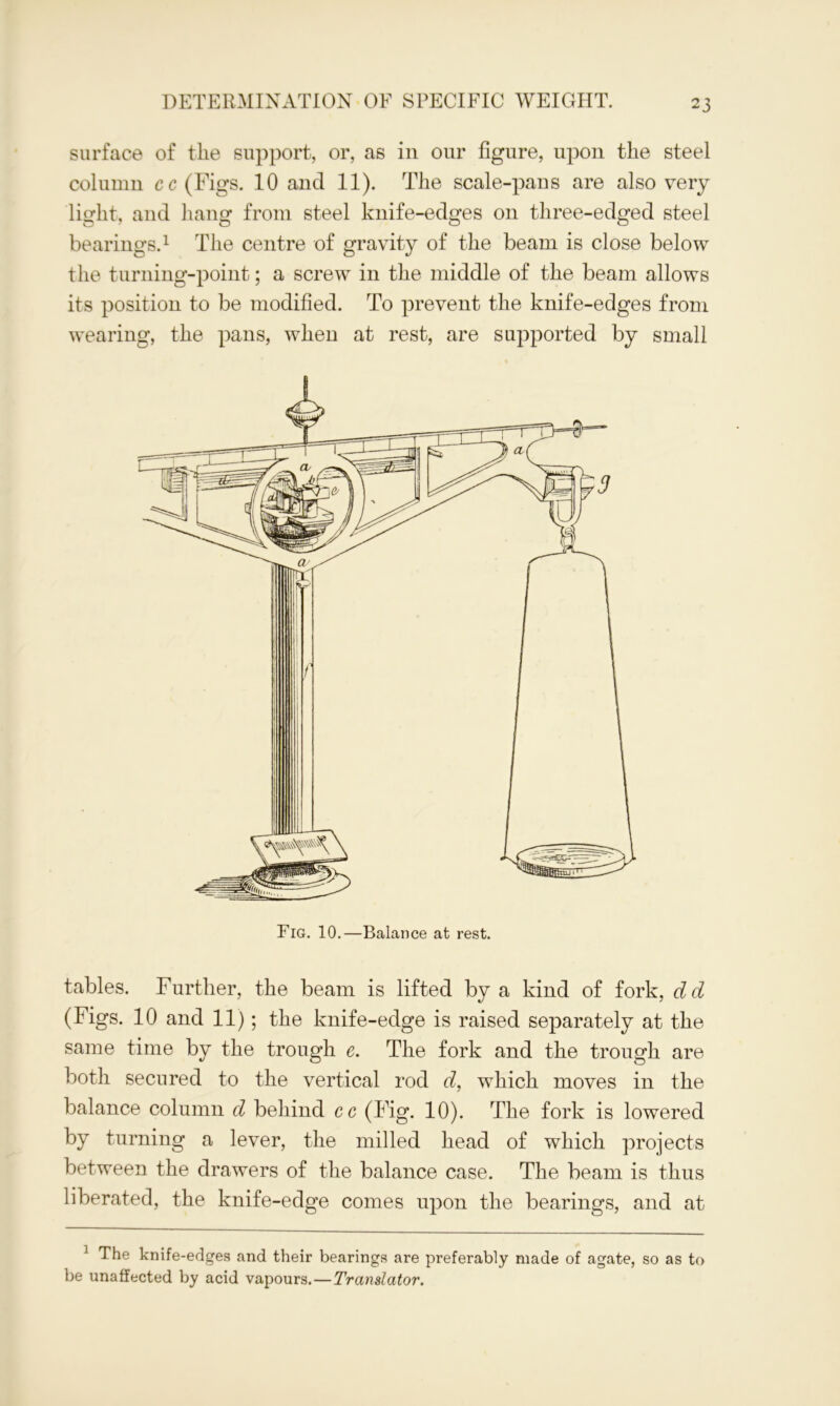 surface of the support, or, as in our figure, upon the steel column cc(Figs. 10 and 11). The scale-pans are also very light, and hang from steel knife-edges on three-edged steel bearings.1 The centre of gravity of the beam is close below the turning-point; a screw in the middle of the beam allows its position to be modified. To prevent the knife-edges from wearing, the pans, when at rest, are supported by small Fig. 10.—Balance at rest. tables. Further, the beam is lifted by a kind of fork, d d (Figs. 10 and 11); the knife-edge is raised separately at the same time by the trough e. The fork and the trough are both secured to the vertical rod d, which moves in the balance column d behind cc (Fig. 10). The fork is lowered by turning a lever, the milled head of which projects between the drawers of the balance case. The beam is thus liberated, the knife-edge comes upon the bearings, and at 1 The knife-edges and their bearings are preferably made of agate, so as to be unaffected by acid vapours.—Translator.