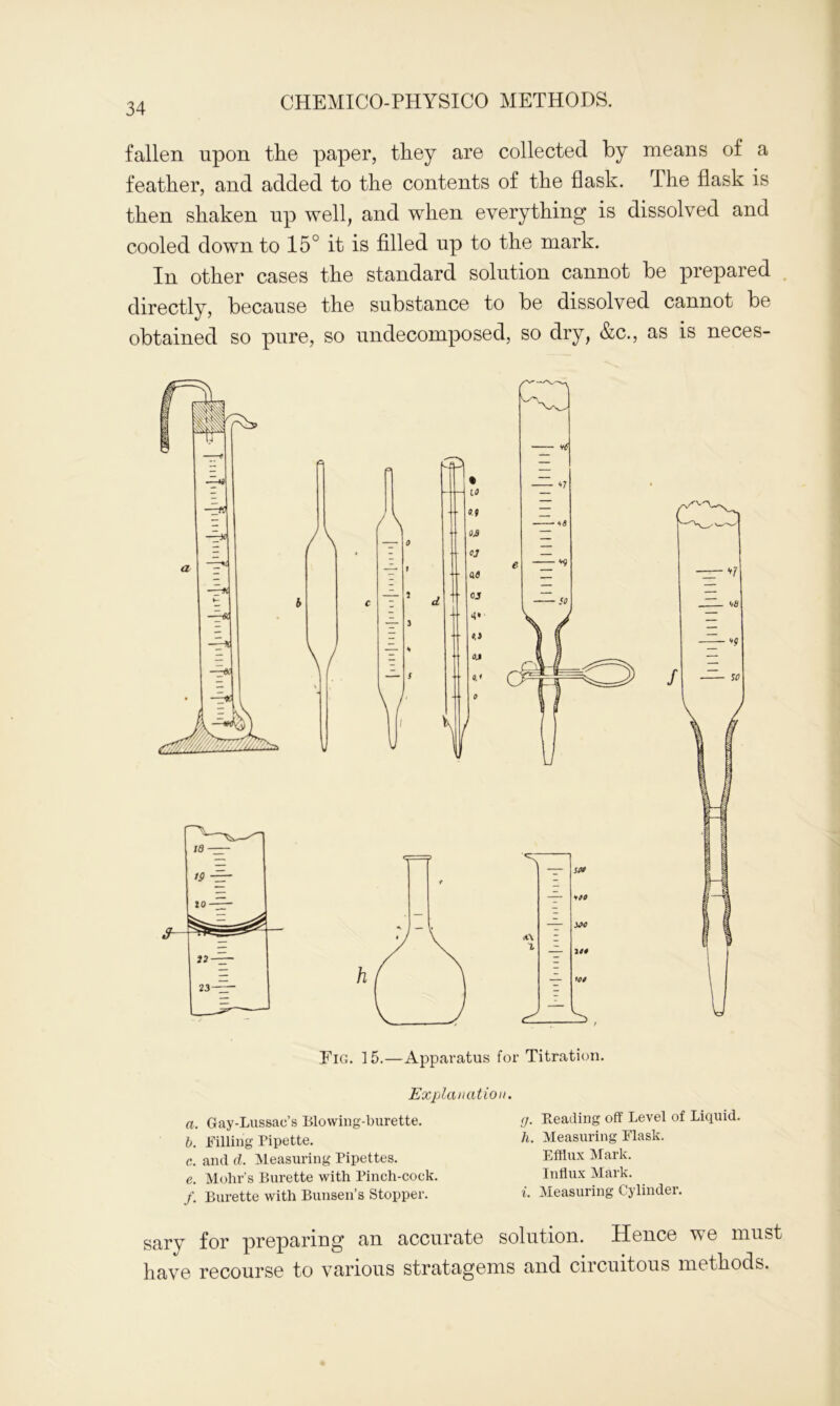 fallen upon the paper, they are collected by means of a feather, and added to the contents of the flask. The flask is then shaken up well, and when everything is dissolved and cooled down to 15° it is filled up to the mark. In other cases the standard solution cannot be prepared directly, because the substance to be dissolved cannot be obtained so pure, so undecomposed, so dry, &c., as is neces- Eig. 15.—Apparatus for Titration. Explanation. a. Gay-Lussac’s Blowing-burette. b. Filling Pipette. c. and d. Measuring Pipettes. e. Mohr’s Burette with Pinch-cock. /. Burette with Bunsen’s Stopper. <j. Reading off Level of Liquid. h. Measuring Flask. Efflux Mark. Influx Mark. i. Measuring Cylinder. sary for preparing an accurate solution. Hence we must have recourse to various stratagems and circuitous methods.