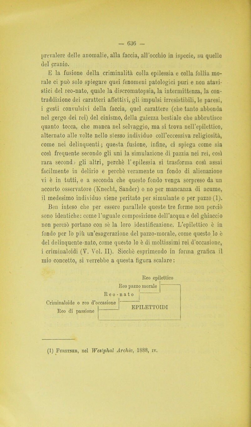 prevalere delle anomalie, alla faccia, all’occliio in ispecie, su quelle del cranio. E la fusione della criminalità colla epilessia e colla follia mo- rale ci può solo spiegare quei fenomeni patologici puri e non atavi- stici del reo-nato, quale la discromatopsia, la intermittenza, la con- traddizione dei caratteri affettivi, gli impulsi irresistibili, le paresi, i gesti convulsivi della faccia, quel carattere (die tanto abbonda nel gergo dei rei) del cinismo, della gaiezza bestiale che abbrutisce quanto tocca, che manca nel selvaggio, ma si trova nell’epilettico, alternato alle volte nello stesso individuo coH’eccessiva religiosità, come nei delinquenti ; questa fusione, infine, ci spiega come sia così frequente secondo gli uni la simulazione di pazzia nei rei, così rara secondi gli altri, perchè l’epilessia si trasforma così assai facilmente in delirio e perchè veramente un fondo di alienazione vi è in tutti, e a seconda che questo fondo venga sorpreso da un accorto osservatore (Knecht, Sander) o no per mancanza di acume, il medesimo individuo viene peritato per simulante o per pazzo (1). Ben inteso che per essere parallele queste tre forme non perciò sono identiche: come l’uguale composizione dell’acqua e del ghiaccio non perciò portano con sè la loro identificazione. L’epilettico è in fondo per lo più un’esagerazione del pazzo-morale, come questo lo è del delinquente-nato, come questo lo è di moltissimi rei d’occasione, i criminaloidi (V. Voi. II). Sicché esprimendo in forma grafica il mio concetto, si verrebbe a questa figura scalare : Eeo epilettico Beo pazzo morale Eeo-nato Criminaloide o reo d’occasione Eeo di passione EPILETTOIDI (1) Fcustner, nel Weslphaì Archiv, 1888, iv.