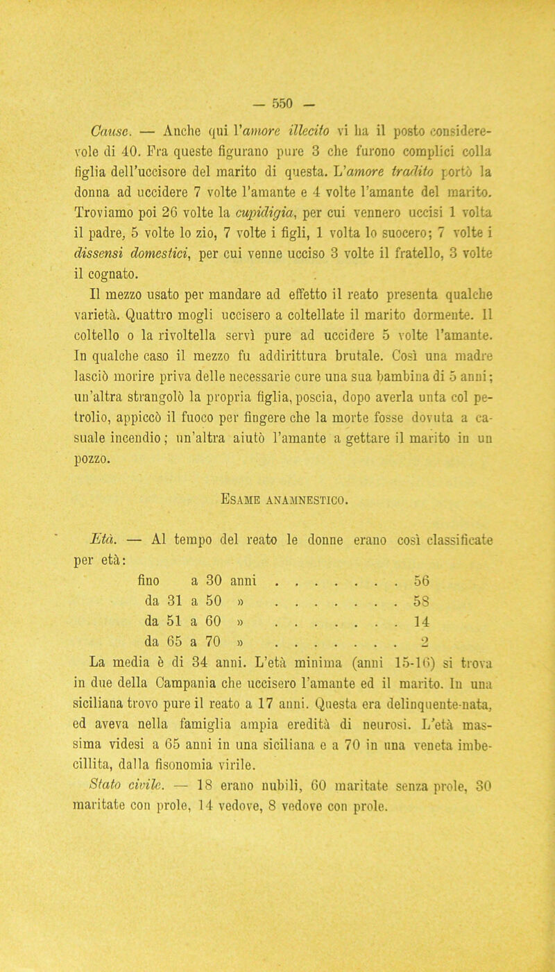 Cause. — Anche qui l'amore illecito vi ha il posto considere- vole di 40. Fra queste figurano pure 3 che furono complici colla figlia dell’uccisore del marito di questa. L'amore tradito portò la donna ad uccidere 7 volte l’amante e 4 volte l’amante del marito. Troviamo poi 26 volte la cupidigia, per cui vennero uccisi 1 volta il padre, 5 volte lo zio, 7 volte i figli, 1 volta lo suocero; 7 volte i dissensi domestici, per cui venne ucciso 3 volte il fratello, 3 volte il cognato. Il mezzo usato per mandare ad effetto il reato presenta qualche varietà. Quattro mogli uccisero a coltellate il marito dormente. Il coltello o la rivoltella servì pure ad uccidere 5 volte l’amante. In qualche caso il mezzo fu addirittura brutale. Così una madre lasciò morire priva delle necessarie cure una sua bambina di 5 anni ; un’altra strangolò la propria figlia, poscia, dopo averla unta col pe- trolio, appiccò il fuoco per fingere che la morte fosse dovuta a ca- suale incendio ; un’altra aiutò l’amante a gettare il marito in un pozzo. Esame anamnestico. Età. — Al tempo del reato le donne erano così classificate per età: fino a 30 anni 56 da 31 a 50 » 5S da 51 a 60 » 14 da 65 a 70 » 2 La media è di 34 anni. L’età minima (anni 15-16) si trova in due della Campania che uccisero l’amante ed il marito. In una siciliana trovo pure il reato a 17 anni. Questa era delinquente-nata, ed aveva nella famiglia ampia eredità di neurosi. L’età mas- sima videsi a 65 anni in una siciliana e a 70 in una veneta imbe- cillita, dalla fisonomia virile. Stato civile. — 18 erano nubili, 60 maritate senza prole, 30 maritate con prole, 14 vedove, 8 vedove con prole.