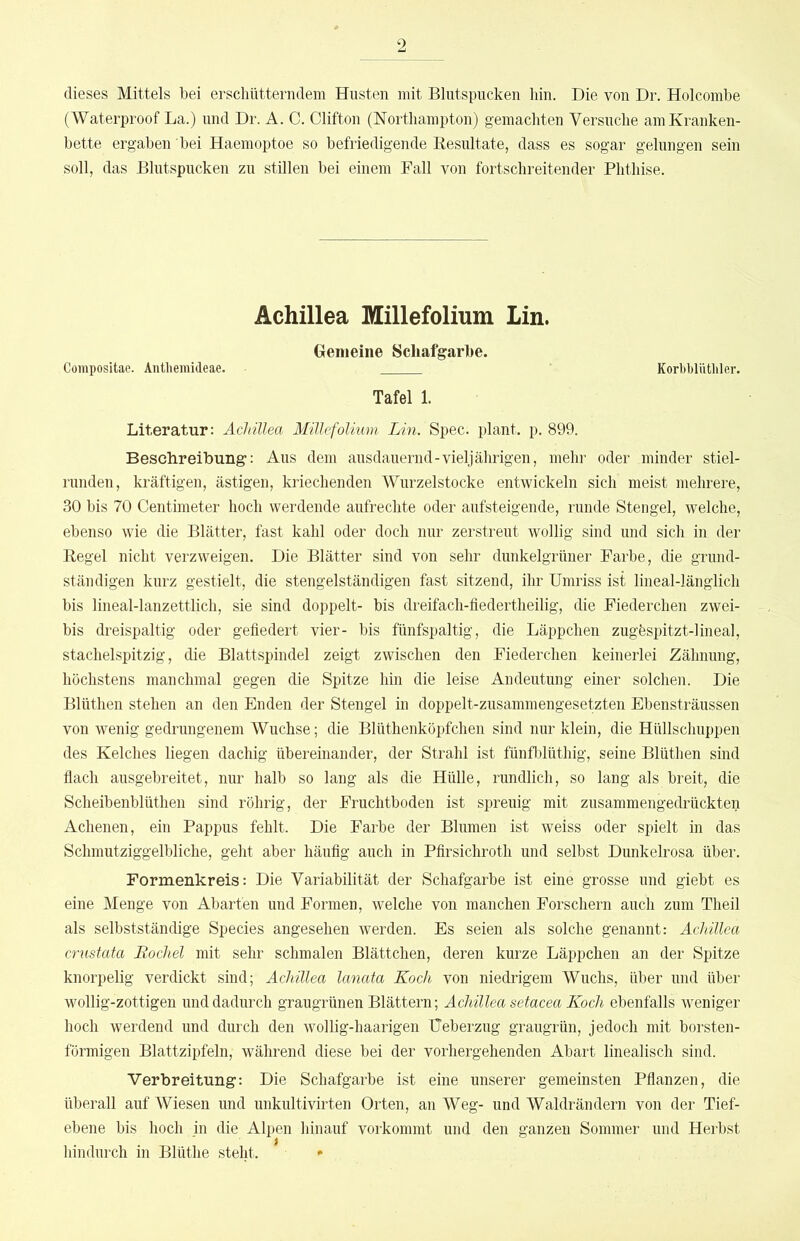 dieses Mittels bei erschütterndem Husten mit Blutspucken hin. Die von Dr. Holcombe (Waterproof La.) und Dr. A. C. Clifton (Northampton) gemachten Versuche am Kranken- bette ergaben bei Haemoptoe so befriedigende Eesultate, dass es sogar gelungen sein soll, das Blutspucken zu stillen bei einem Fall von fortschreitender Phthise. Achillea Millefolium Lin. Glenieine Schafgarbe. Compositae. Antlieiuideae. Korbtlütliler. Tafel 1. Literatur: Achillea Millefolium Lin. Spec. plant, p. 899. Beschreibung: Aus dem ausdauernd-vieljährigen, mein’ oder minder stiel- runden, kräftigen, ästigen, kriechenden Wurzelstocke entwickeln sich meist mehrere, 30 bis 70 Centimeter hoch werdende aufrechte oder aufsteigende, runde Stengel, welche, ebenso wie die Blätter, fast kahl oder doch nur zerstreut wollig sind und sich in der Eegel nicht verzweigen. Die Blätter sind von sehr dunkelgrüner Farbe, die grund- ständigen kurz gestielt, die stengelständigen fast sitzend, ihr Umriss ist lineal-länglich bis lineal-lanzettlich, sie sind doppelt- bis dreifach-fiedertheilig, die Fiederchen zwei- bis dreispaltig oder gefiedert vier- bis fünfspaltig, die Läppchen zugespitzt-lineal, stachelspitzig, die Blattspindel zeigt zwischen den Fiederchen keinerlei Zähnung, höchstens manchmal gegen die Spitze hin die leise Andeutung einer solchen. Die Blüthen stehen an den Enden der Stengel in doppelt-zusammengesetzten Ebensträussen von wenig gedrungenem Wüchse; die Blüthenköpfchen sind nur klein, die Hüllschuppen des Kelches liegen dachig übereinander, der Strahl ist fünfblüthig, seine Blüthen sind fiach ausgebreitet, nur halb so lang als die Hülle, rundlich, so lang als breit, die Scheibenblüthen sind röhrig, der Fruchtboden ist spreuig mit zusammengedrückten Achenen, ein Pappus fehlt. Die Farbe der Blumen ist weiss oder spielt in das Schmutziggelbliche, geht aber häufig auch in Pfirsichroth und selbst Dunkelrosa über. Formenkreis: Die Variabilität der Schafgarbe ist eine grosse und giebt es eine Menge von Abarten und Formen, welche von manchen Forschern auch zum Theil als selbstständige Species angesehen werden. Es seien als solche genannt: Achillea crustafa Bochel mit sehr schmalen Blättchen, deren kurze Läppchen an der Spitze knorpelig verdickt sind; Achillea lanata Koch von niedrigem Wuchs, über und über wollig-zottigen und dadurch graugrünen Blättern; Achillea setacea Koch ebenfalls weniger hoch werdend und durch den wollig-haarigen Ueberzug graugrün, jedoch mit borsten- förmigen Blattzipfeln, während diese bei der vorhergehenden Abart linealisch sind. Verbreitung: Die Schafgarbe ist eine unserer gemeinsten Pflanzen, die überall auf Wiesen und unkultivirten Orten, an Weg- und Waldrändern von der Tief- ebene bis hoch in die Alpen hinauf vorkommt und den ganzen Sommer und Herbst hindurch in Blüthe steht. •