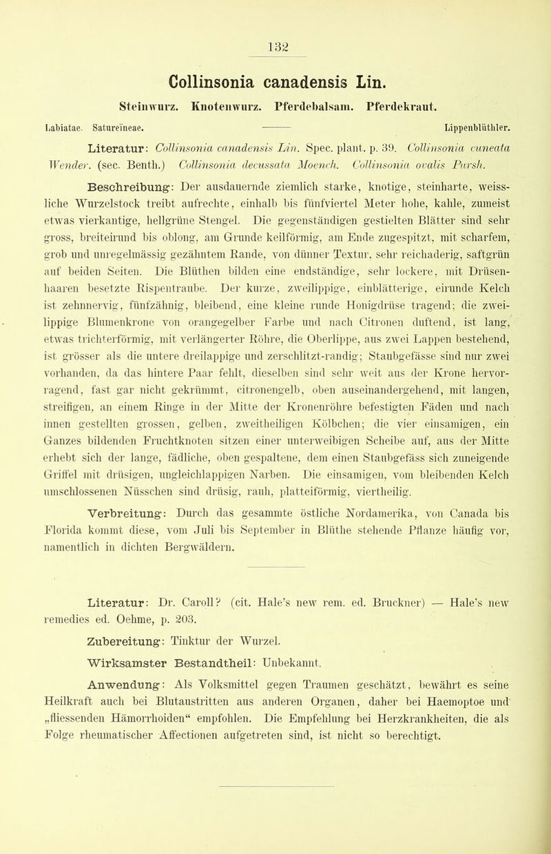 Gollinsonia canadensis Lin. Steimvurz. Knotemviirz. Pferdebalsam. Pferdekraut. Labiatae. Satureineae. Lippenblütliler. Literatur: Collinsoyiia canadensis Lin. Spec. plant, p. 39. Gollinsonia cuneata Wender, (sec. Benth.) Gollinsonia decussata Moench. Gollinsonia ovalis Pursh. Beschreibung: Der ausdauernde ziemlich starke, knotige, steinharte, weiss- liche Wurzelstock treibt aufrechte, einhalb bis fünfviertel Meter hohe, kahle, zumeist etwas vierkantige, hellgrüne Stengel. Die gegenständigen gestielten Blätter sind sehr gross, breiteü’und bis oblong, am Grunde keilförmig, am Ende zugespitzt, mit scharfem, grob und unregelmässig gezähntem Rande, von dünner Textur, sehr reichaderig, saftgrün auf beiden Seiten. Die Blüthen bilden eine endständige, sehr lockere, mit Drüsen- haaren besetzte Rispentraube. Der kurze, zweilippige, einblätterige, eirunde Kelch ist zehnnervig, fünfzähnig, bleibend, eine kleine runde Honigdrüse tragend; die zwei- lippige Blnmenkrone von orangegelber Farbe und nach Citronen duftend, ist lang, etwas trichterförmig, mit verlängerter Röhre, die Oberlippe, aus zwei Lappen bestehend, ist grösser als die untere dreilappige und zerschlitzt-randig; Staubgefässe sind nur zwei vorhanden, da das hintere Paar fehlt, dieselben sind sehr weit aus der Krone hervor- ragend, fast gar nicht gekrümmt, citronengelb, oben auseinandergehend, mit langen, streifigen, an einem Ringe in der Mitte der Kronenröhre befestigten Fäden und nach innen gestellten grossen, gelben, zweitheiligen Kölbchen; die vier einsamigen, ein Ganzes bildenden Fruchtknoten sitzen einer unterweibigen Scheibe auf, aus der Mitte erhebt sich der lange, fädliche, oben gespaltene, dem einen Staubgefäss sich zuneigende Griffel mit drüsigen, ungleichlappigen Narben. Die einsamigen, vom bleibenden Kelch umschlossenen Nüsschen sind drüsig, rauh, platteiförmig, viertheilig. Verbreitung’: Durch das gesammte östliche Nordamerika, von Canada bis Florida kommt diese, vom Juli bis September in Blüthe stehende Pflanze häufig vor, namentlich in dichten Bergwäldern. Literatur: Dr. Caroll? (cit. Hale’s new rem. ed. Bruckner) — Hale’s new remedies ed. Oehme, p. 203. Zubereitung-: Tinktur der Wurzel. Wirksamster Bestandtheil: Unbekannt. Anwendung-: Als Yolksmittel gegen Traumen geschätzt, bewährt es seine Heilkraft auch bei Blutaustritten aus anderen Organen, daher bei Haemoptoe und „fliessenden Hämorrhoiden“ empfohlen. Die Empfehlung bei Herzkrankheiten, die als Folge rheumatischer Affectionen aufgetreten sind, ist nicht so berechtigt.