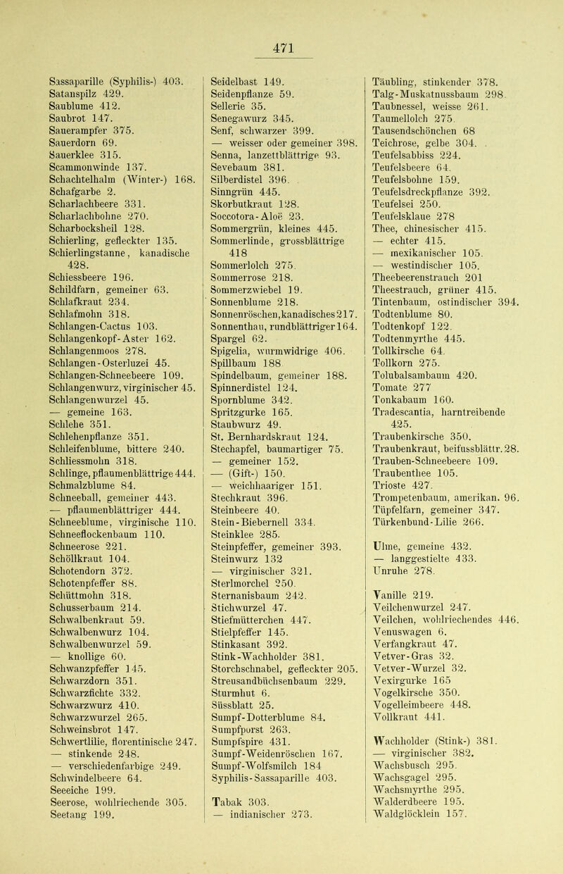 Sassaparille (Syphilis-) 403. Satanspilz 429. Saublume 412. Sauhrot 147. Sauerampfer 375. Sauerdorn 69. Sauerklee 315. Scammonwinde 137. Schachtelhalm (AVinter-) 168. Schafgarbe 2. Scharlachbeere 331. Scharlachbohne 270. Scharbocksheil 128. Schierling, gefleckter 135. Schierlingstanne, kanadische 428. Schiessbeere 196. Schildfarn, gemeiner 63. Schlafkraut 234. Schlafmohn 318. Schlangen-Cactus 103. Schlangenkopf-Aster 162. Schlangenmoos 278. Schlangen-Osterluzei 45. Schlangen-Schneebeere 109. Schlangenwurz, virginischer 45. Schlangenwurzel 45. — gemeine 163. Schlehe 351. Schlehenpflanze 351. Schleifenblume, bittere 240. Schliessmohn 318. Schlinge, pflaumenblättrige 444. Schmalzblume 84. Schneeball, gemeiner 443. — pflaumenblättriger 444. Schneeblume, virginische 110. Schneeflockenbaum 110. Schneerose 221. Schöllkraut 104. Schotendorn 372. Schotenpfelfer 88. Schüttmohn 318. Schusserbaum 214. Schwalbenkraut 59. Schwalbenwurz 104. Schwalbenwurzel 59. — knollige 60. Schwanzpfeffer 145. Schwarzdorn 351. Schwarzfichte 332. Schwarzwurz 410. Schwarzwurzel 265. Schweinsbrot 147. Schwertlilie, florentinische 247. — stinkende 248. — verschiedenfarbige 249. Schwindelbeere 64. Seeeiche 199. Seerose, wohlriechende 305. Seetang 199. Seidelbast 149. Seidenpflanze 59. Sellerie 35. Senegawurz 345. Senf, schwarzer 399. — weisser oder gemeiner 398. Senna, lanzettblättrige 93. Sevebaum 381. Silberdistel 396. . Sinngrün 445. Skorbutkraut 128. Soccotora-Aloe 23. Sommergrün, kleines 445. Sommerlinde, grossblättrige 418 Sommerlolch 275. Sommerrose 218. Sommerzwiebel 19, Sonnenblume 218. Sonnenröschen, kanadisches 217. Sonnenthau, rundblättriger 164. Spargel 62. Spigelia, wurm widrige 406. Spillbaum 188. Spindelbaum, gemeiner 188. Spinnerdistel 124. Spornblume 342. Spritzgurke 165. Staubwurz 49. St. Bernhardskraut 124. Stechapfel, baumartiger 75. — gemeiner 152. — (Gift-) 150. — weichhaariger 151. Stechkraut 396. Steinbeere 40. St ein-Bieberneil 334. Steinklee 285. Steinpfeffer, gemeiner 393. Steinwurz 132 — virginischer 321. Sterlmorchel 250. Sternanisbaum 242. Stichwurzel 47. Stiefmütterchen 447. Stielpfeffer 145. Stinkasant 392. Stink-Wachholder 381. Storchschnabel, gefleckter 205. Streusandbüchsenbaum 229. Sturmhut 6. Süssblatt 25. Sumpf-Dotterblume 84. Sumpfpurst 263. Sumpfspire 431. Sumpf-Weidenröschen 167. Sumpf-AVolfsmilch 184 Syphilis-Sassaparille 403. Tabak 303. — indianischer 273. Täubling, stinkender 378. Talg-Muskatnussbaum 298. Taubnessel, weisse 261. Taumellolch 275. Tausendschönchen 68 Teichrose, gelbe 304. . Teufelsabbiss 224. Teufelsbeere 64. Teufelsbohne 159. Teufelsdreckpflanze 392. Teufelsei 250. Teufelsklaue 278 Thee, chinesischer 415. — echter 415. — mexikanischer 105. — westindischer 105. Theebeerenstrauch 201 Theestrauch, grüner 415. Tintenbaum, ostindischer 394. Todtenblume 80. Todtenkopf 122. Todtenmyrthe 445. Tollkirsche 64. Tollkorn 275. Tolubalsambaum 420. Tomate 277 Tonkabaum 160. Tradescantia, harntreibende 425. Traubenkirsche 350. Traubenkraut, beifussblätlr. 28. Trauben-Schneebeere 109. Traubenthee 105. Trioste 427. Trompetenbaum, amerikan. 96, Tüpfelfarn, gemeiner 347. Türkenbund-Lilie 266. Ulme, gemeine 432. — langgestielte 433. Unruhe 278. Vanille 219. Veilchenwurzel 247. Veilchen, wohlriechendes 446. Venuswagen 6. Verfangkraut 47. A^etver-Gras 32. Vetver-Wurzel 32. Vexirgurke 165 Vogelkirsche 350. Vogelleimbeere 448. Vollkraut 441. Wachholder (Stink-) 381. — virginischer 382. Wachsbusch 295. Wachsgagel 295. Wachsmyrthe 295. Walderdbeere 195. AValdglöcklein 157.