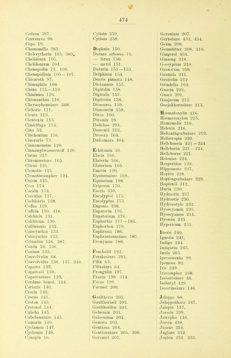 Cedron 397. Centaurea 98, Cepa 19. Charaomilla 283. Chelerytherin 105. 383.^ Chelidonin 105. Chelidonium 104. Chenopodin 72. 106. Clienopodium 105—107. Chicaroth 97. Chimaphila 108. China 115 — 119. Chininum 116. Chionanthus 110. Chrysophansäure 368. Cichorie 111. Cicuta 113. Cicutoxin 113. Cimicifuga 114. Cina 52. Cinchonium 116. Cineraria 73. Cinnamomum 120. Cinnamyl Wasserstoff 120. Cistus 217. Citronensäure 165. Citrus 121. Clematis 123. Clematiscampher 124. Cnicin 125. Coca 174. Cocain 174. Cocculus 127. Cochlearia 128. Coffea 129. Coffein 130. 416. Colchicin 131. Colchicum 130. Collinsonia 132. Colocyntliin 133. Colocynthis 133. Columbin 126. 287. Coniin 16. 136. Conium 135. Convolvulin 68. Convolvulus 136. 137. 2^ Copaiva 139. Copaivaöl 139. Copaivasäure 139. Cordnus bened. 124. Coriaria 140. Crocin 142. Crocus 141. Croton 143. Crotonol 144. Cubeba 145. Cubebensäure 145. Cumarin 160. Cyclamen 147. Cyclamin 148. Cynapin 16. Cytisin 259. Cytisus 258. Daphnin 150. Datura arborea 75. — ferox 150. — metel 151. Daturin 151—153. Delphinin 154. Derris pinnata 148. Dictamnus 155. Digitalin 158. Digitalis 157. Digitoxin 158. Dioscorea 159. Dioscorein 159. Direa 160. Ditainin 26. Dolichos 293. Dostenöl 312. Drosera 164. Dulcamara 404. Echitamin 26. Elacis 166. Elaterin 166. Elaterium 165. Emetin 100. Equisetsäure 169. Equisetum 168. Erigeron 170. Eseria 330. Eucalyptol 175. Eucalyptus 175. Eugenia 238. Eupatorin 176. Eupatorium 176. Euphorbia 177—185. Euphorbon 179. Euphrasia 186. Euphrastannsäure 187. Evonymus 188. Fenchelöl 192. Ferulasäure 393. Filix 63. Filixsäui’e 64. Frangulin 197. Fraxin 198. 314. Fucus 199. Fucusol 200. Oaultheria 201. Gaultheriaöl 202. Gaultherilen 202. Gelsemin 203. Gelsemium 202. Genista 203. Gentiana 204. Gentiansäure 205. 206. Geraniol 207. Geranium 207. Gerbsäure 433. 434. Geum 208. Geumbitter 208. 210. l! Gingerol 454. Ginseng 318. Gossj’^pium 210. I Granatnm 356. ji Gratiola 211. Gratiolin 212 I Grindelia 162. I Guacin 292. j Guaco 291. j' Guajacum 212. I Guajakharzsäure 213. I Haematoxylin 216. j Haematoxylon 215. i: Hamamelis 216. ;■ ‘Helenin 246. ' Helianthgerbsäure 219. Heliotropin 220. ! Helleborein 221—224. j| Helleborin 221—224. I Helleborus 221. j Helonias 224. ; Hesperiden 122. ' Hippomane 227. i Hopfen 228. Hopfengerbsäure 229. Hopfenöl 312. I Hurin 230. Hydrastin 234. Hydrastis 230. Hydrocotyle 232. Hyoscyamin 235. } Hyoscyamus 234. Hyoscin 235. Hypericum 235. Iberis 240. Ignatia 241. Indigo 244. Indigotin 245. Inula 265. Ipecacuanha 99. , Ipomoea 82. j Iris 249. !i Iriscampher 248. !j Isobuttsäure 48. |i Isobutyl 129. ;j Isocetinsäure 146. !j Jalappa 68. I Jalappenharz 247. ! Jalopin 137. Jasmin 239. Jatropha 146. Jeroin 438. Juacus 254. Juglans 252. ! Juglon 252. 253.