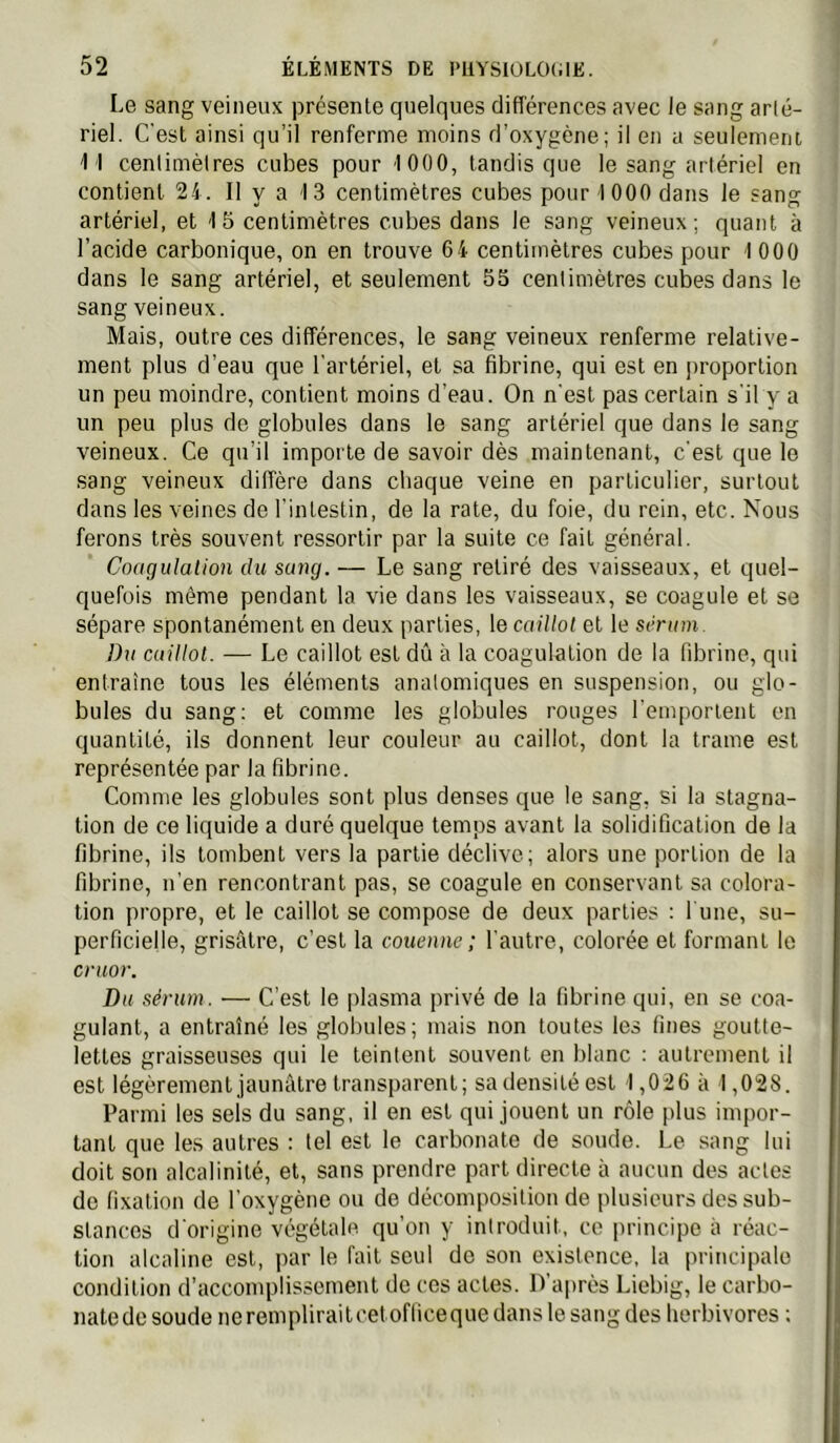 Le sang veineux présente quelques différences avec le sang arlé- riel. C'est ainsi qu’il renferme moins d’oxygène; il en a seulement I l centimètres cubes pour 1000, tandis que le sang artériel en contient 24. Il y a 13 centimètres cubes pour 1000 dans le sang artériel, et 15 centimètres cubes dans le sang veineux ; quant à l’acide carbonique, on en trouve 64 centimètres cubes pour 1000 dans le sang artériel, et seulement 55 centimètres cubes dans le sang veineux. Mais, outre ces différences, le sang veineux renferme relative- ment plus d’eau que l’artériel, et sa fibrine, qui est en proportion un peu moindre, contient moins d’eau. On n'est pas certain s'il y a un peu plus de globules dans le sang artériel que dans le sang veineux. Ce qu’il importe de savoir dès maintenant, c’est que le sang veineux diffère dans chaque veine en particulier, surtout dans les veines de l'intestin, de la rate, du foie, du rein, etc. Nous ferons très souvent ressortir par la suite ce fait général. Coagulation du sang. — Le sang retiré des vaisseaux, et quel- quefois même pendant la vie dans les vaisseaux, se coagule et se sépare spontanément en deux parties, le caillot et le sérum Du caillot. — Le caillot est dû à la coagulation de la fibrine, qui entraîne tous les éléments anatomiques en suspension, ou glo- bules du sang; et comme les globules rouges l'emportent en quantité, ils donnent leur couleur au caillot, dont la trame est représentée par la fibrine. Comme les globules sont plus denses que le sang, si la stagna- tion de ce liquide a duré quelque temps avant la solidification de la fibrine, ils tombent vers la partie déclive; alors une portion de la fibrine, n’en rencontrant pas, se coagule en conservant sa colora- tion propre, et le caillot se compose de deux parties : l une, su- perficielle, grisâtre, c’est la couenne ; l’autre, colorée et formant le cnior. Du sérum. — C’est le plasma privé de la fibrine qui, en se coa- gulant, a entraîné les globules; mais non toutes les fines goutte- lettes graisseuses qui le teintent souvent en blanc : autrement il est légèrement jaunâtre transparent; sa densité est 1,026 à 1,028. Parmi les sels du sang, il en est qui jouent un rôle plus impor- tant que les autres : tel est le carbonate de soude. Le sang lui doit son alcalinité, et, sans prendre part directe à aucun des actes de fixation de l’oxygène ou de décomposition de plusieurs des sub- stances d'origine végétale qu’on y iniroduit, ce principe à réac- tion alcaline est, par le fait seul de son existence, la principale condition d’accomplissement de ces actes. D’après Liebig, le carbo- natede soude nerempliraitcetofliceque dans le sang des herbivores ;