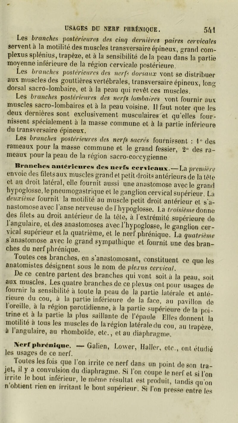 Les branches postérieures des cinq dernières paires cervicales servent à la motilité des muscles transversaire épineux, grand com- plexus splenius, trapèze, et à la sensil)ilité de la peau dans la partie moyenne inférieure de la région cervicale postérieure. Les branches posiérienres des nerfs dorsaux vont se distribuer aux muscles des gouttières vertébrales, transversaire épineux, long dorsal sacro-lombaire, et à la peau qui revêt ces muscles. Les branches postérieures des nerfs lombaires vont fournir aux muscles sacro-lombaires et à la peau voisine. Il faut noter que les deux dernières sont exclusivement musculaires et qu'elles four- nissent spécialement à la masse commune et à la partie inférieure du transversaire épineux. Les branches postérieures des nerfs sacrés fournissent : 1 des rameaux pour la masse commune et le grand fessier, 2 des ra- meaux pour la peau de la région sacro-coccygienne Rranches ant«riciire!« rtcs nerfs cervicaux. — La première envoie des filets aux muscles grand et petit droits antérieurs de la tête et au droit latéral, elle fournit aussi une anastomose avec le grand hypoglosse, le pneumogastrique et le ganglion cervical supérieur La deuxième fournit la motilité au muscle petit droit antérieur et s'a- nastomose avec l’anse nerveuse de l'hypoglosse. La troisième donne des filets au droit antérieur de la tête, à l'extrémité supérieure de 1 angulaiie, et des anastomoses avec l’hypoglosse, le ganglion cer- vical supérieur et la quatrième, et le nerf phrénique. La quatrième s anastomose avec le grand sympathique et fournit une des bran- ches du nerf phrénique. Toutes ces branches, en s’anastomosant, constituent ce que les anatomistes désignent sous le nom de plexus cervical. De ce centre partent des branches qui vont soit à la peau, soit aux muscles. Les quatre branches de ce plexus ont pour usages de fournir la sensibilité à toute la peau de la partie latérale et anté- rieure du cou,^ à la partie inférieure de la face, au pavillon de 1 oreille, à la région parotidienne, à la partie supérieure de la poi- trine et à la partie la plus saillante de l’épaule Elles donnent la motilité à tous les muscles do la région latérale du cou, au Irapèze à I ângulairo, âu rhomboïde, etc., et au diaphragmt^ IVerf phrénique. — Galien, Louer, Haller, etc., ont étudié les usages de ce nerf. Toutes les fois que l’on irrite ce nerf dans un point de son tra- jet, il y a convulsion du diaphragme. Si l’on coupe le nerf et si l’on irrite le bout inférieur, le même résultat est produii, tandis nu'on n obtient rien en irritant le bout supérieur. Si l’on presse entre les