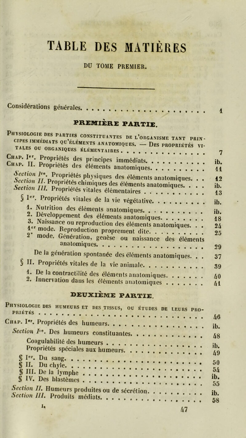 TABLE DES MATIÈRES DU TOME PREMIER. Considérations générales, PREMIÈRE PARTIE. PHYSrOLOGIE DES PARTIES CONSTITUANTES CIPES IMMEDIATS QC’ÉLÉMENTS ANATOMIQ TALES OU ORGANIQUES ÉLÉMENTAIRES. DE l’organisme TANT PRIN- CES. — Des propriétés vi- rütn Vt‘ «Jes principes immédiats Chap. II. Propriétés des éléments anatomiques Sefrim! f/des éléments anatomiques. . . Section nr. Propriétés vitales élémentaires § I . Propriétés vitales de la vie végétative. 1. Nutrition des éléments anatomiques 2. Développement des éléments anatomiques A. Naissance ou reproduction des éléments anatomiques. . ! 1 mode. Reproduction proprement dite mode. Génération, genèse ou naissance des éléments anatomiques De la génération spontanée des éléments anatomiques. , . § II. Propriétés vitales de la vie animale 1. De la contractilité des éléments anatomiques . Innervation dans les éléments anatomiques . 7 ib. 11 12 ib. 13 ib, ib. 18 24 25 29 37 39 40 41 DEUXIÈME PARTIE. Physiologie des humeurs et des tissus, ou études de leurs pro nnrcT'TDc Chap. I*'. Propriétés des humeurs Section Des bumeurs constituantes. . . Coagulabilité des humeurs Propriétés spéciales aux humeurs. . . . § I'^. Du sang S II. Du chyle .*,*.*! S III. De la lymphe ! ! '. i § IV. Des blastèmes Section II. Humeurs produites ou de sécrétion Section III, Produits médiats 46 ib. 48 ib. 49 50 54 ib. 55 ib. 58 I. 47