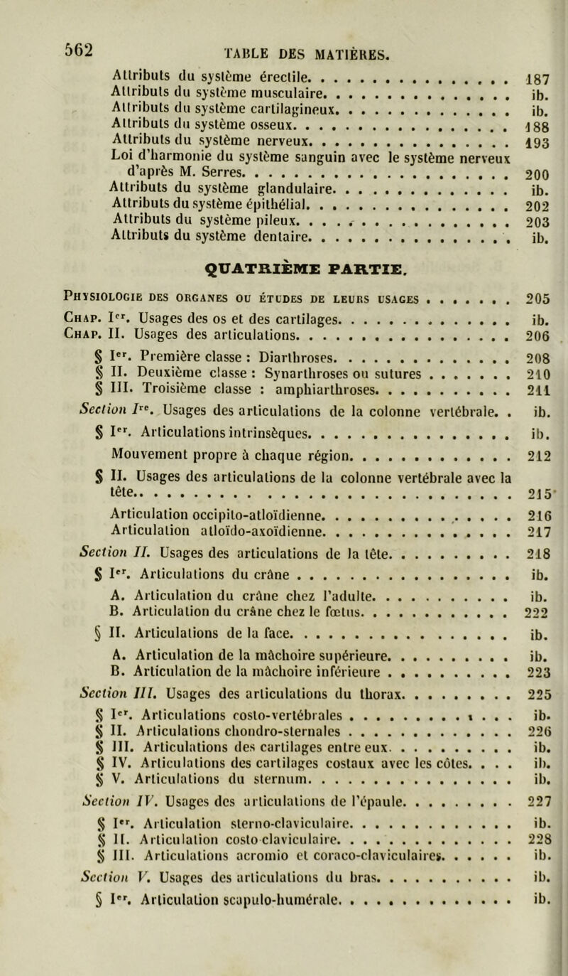 AUribuls du système érectile 187 Attributs du système musculaire ib. Attributs du système cartilagineux ib. Attributs du système osseux 188 Attributs du système nerveux 193 Loi d’harmonie du système sanguin avec le système nerveux d’après M. Serres 200 Attributs du système glandulaire ib. Attributs du système épithélial 202 Attributs du système pileux. . . . 203 Attributs du système dentaire ib. QUATRIÈME PARTIE. Phïsiologie des organes ou études de leurs usages 205 Chap. !'■■. Usages des os et des cartilages ib. Chap. il Usages des articulations 206 § l'f. Première classe : Diarthroses 208 § II. Deuxième classe : Synarthroses ou sutures 210 § III. Troisième classe : araphiarthroses 211 Section I^‘. Usages des articulations de la colonne vertébrale. . ib. § I''. Articulations intrinsèques ib. Mouvement propre à chaque région 212 S II. Usages des articulations de la colonne vertébrale avec la tête 215’ Articulation occipito-atloïdienne 216 Articulation atloïdo-axoïdienne 217 Section IL Usages des articulations de la tête 218 $ l'L Articulations du crâne ib. A. Articulation du crâne chez l’adulte ib. B. Articulation du crâne chez le fœtus 222 § II. Articulations de la face ib. A. Articulation de la mâchoire supérieure . ib. B. Articulation de la mâchoire inférieure 223 Section III. Usages des articulations du thorax 225 § 1. Articulations costo-vertébrales »... ib. § II. Articulations chondro-sternales 226 S III. Articulations des cartilages entre eux ib. § IV. Articulations des cartilages costaux avec les côtes. . . . ib. S V. Articulations du sternum ib. Section IV. Usages des articulations de l’épaule 227 S I. Articulation sterno-claviculaire ib. ^ H. Articulation costo claviculaire 228 S 111. Articulations acroinio et coraco-claviculaireii ib. Section V. Usages des articulations du bras il). § D'. Articulation scapulo-huméralc ib.