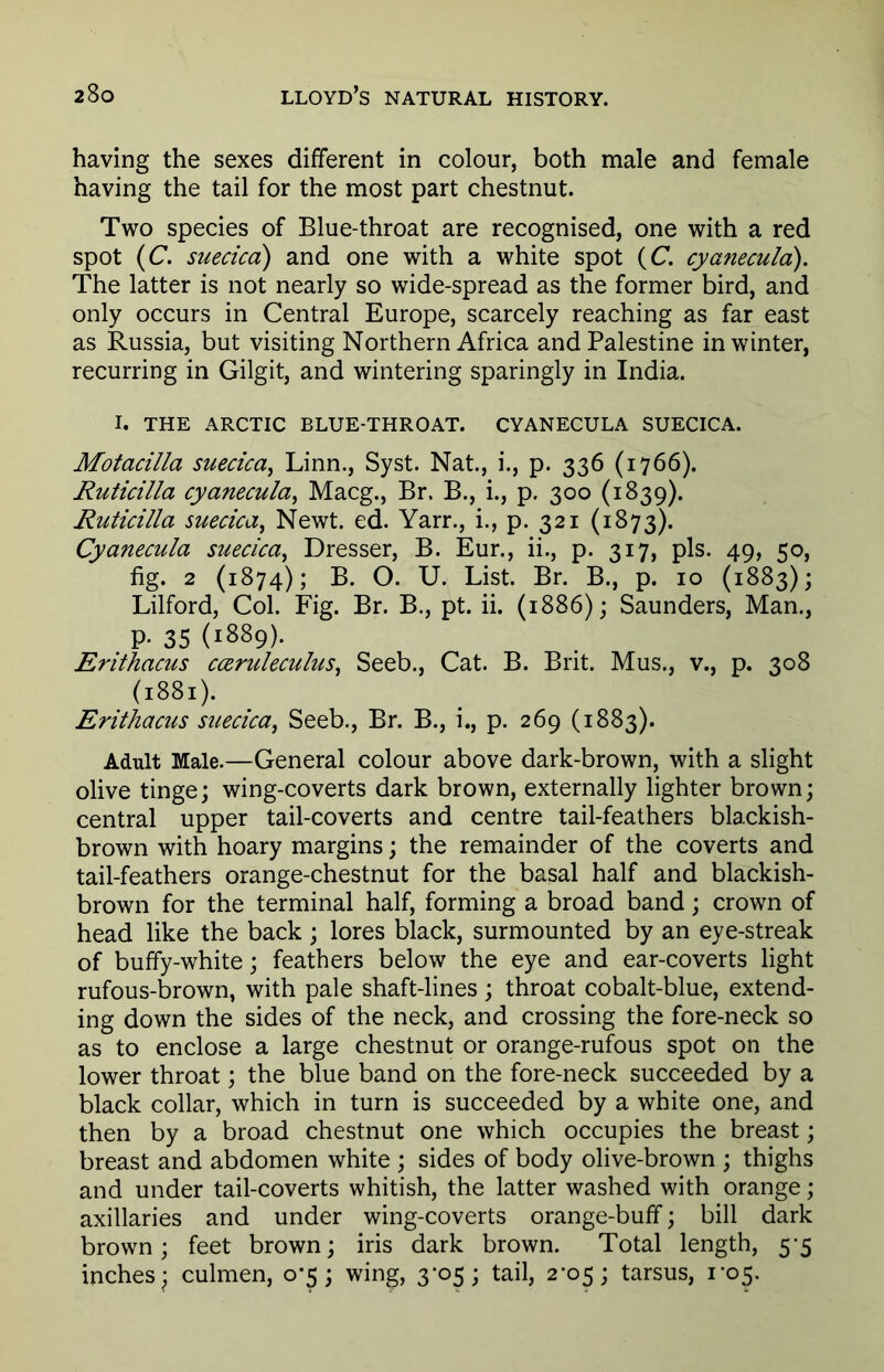 having the sexes different in colour, both male and female having the tail for the most part chestnut. Two species of Blue-throat are recognised, one with a red spot (C. suecica) and one with a white spot (C. cyanecula). The latter is not nearly so wide-spread as the former bird, and only occurs in Central Europe, scarcely reaching as far east as Russia, but visiting Northern Africa and Palestine in winter, recurring in Gilgit, and wintering sparingly in India. I. THE ARCTIC BLUE-THROAT. CYANECULA SUECICA. Motacilla suecica, Linn., Syst. Nat., i., p. 336 (1766). Ruticilla cyanecula, Macg., Br. B., i., p. 300 (1839). Ruticilla suecica, Newt. ed. Yarr., i., p. 321 (1873). Cyanecula suecica, Dresser, B. Eur., ii., p. 317, pis. 49, 50, fig. 2 (1874); B. O. U. List. Br. B., p. 10 (1883); Lilford, Col. Fig. Br. B., pt. ii. (1886); Saunders, Man., P. 35 (1889). Enthacus cceruleculus, Seeb., Cat. B. Brit. Mus., v., p. 308 (1881). Erithacus suecica, Seeb., Br. B., i., p. 269 (1883). Adult Male.—General colour above dark-brown, with a slight olive tinge; wing-coverts dark brown, externally lighter brown; central upper tail-coverts and centre tail-feathers blackish- brown with hoary margins; the remainder of the coverts and tail-feathers orange-chestnut for the basal half and blackish- brown for the terminal half, forming a broad band; crown of head like the back; lores black, surmounted by an eye-streak of buffy-white; feathers below the eye and ear-coverts light rufous-brown, with pale shaft-lines ; throat cobalt-blue, extend- ing down the sides of the neck, and crossing the fore-neck so as to enclose a large chestnut or orange-rufous spot on the lower throat; the blue band on the fore-neck succeeded by a black collar, which in turn is succeeded by a white one, and then by a broad chestnut one which occupies the breast; breast and abdomen white ; sides of body olive-brown ; thighs and under tail-coverts whitish, the latter washed with orange; axillaries and under wing-coverts orange-buff; bill dark brown; feet brown; iris dark brown. Total length, 55 inches - culmen, 0-5; wing, 3*05; tail, 2-05; tarsus, 105.