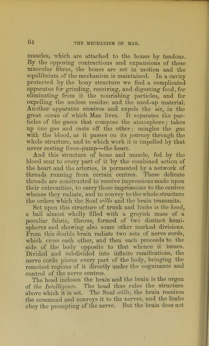muscles, which are attached to the bones by tendons. By the opposing contractions and expansions of these muscular fibres, the bones are set in motion and the equilibrium of the mechanism is maintained. In a cavity protected by the bony structure we find a complicated apparatus for grinding, receiving, and digesting food, for eliminating from it the nourishing particles, and for expelling the useless residue and the used-up material. Another apparatus receives and expels the air, in the great ocean of which Man lives. It separates the par- ticles of the gases that compose the atmosphere; takes up one gas and casts off the other; mingles the gas with the blood, as it passes on its journey through the whole structure, and to which work it is impelled by that never resting force-pump—the heart. And this structure of bone and muscle, fed by the blood sent to every part of it by the combined action of the heart and the arteries, is permeated by a network of threads running- from certain centres. These delicate threads are constructed to receive impressions made upon their extremities, to carry those impressions to the centres whence they radiate, and to convey to the whole structure the orders which the Soul wills and the brain transmits. Set upon this structure of trunk and limbs is the head, a ball almost wholly filled with a greyish mass of a peculiar fabric, fibrous, formed of two distinct hemi- spheres and showing also some other marked divisions. From this double brain radiate two sets of nerve cords, which cross each other, and then each proceeds to the side of the body opposite to that whence it issues. Divided and subdivided into infinite ramifications, the nerve cords pierce every part of the body, bringing the remotest regions of it directly under the cognizance and control of the nerve centres. The head incloses the brain and the brain is the organ of the Intelligence. The head thus rules the structure above which it is set. The Soul wills, the brain receives the command and conveys it to the nerves, and the limbs obey the prompting of the nerve. But the brain does not