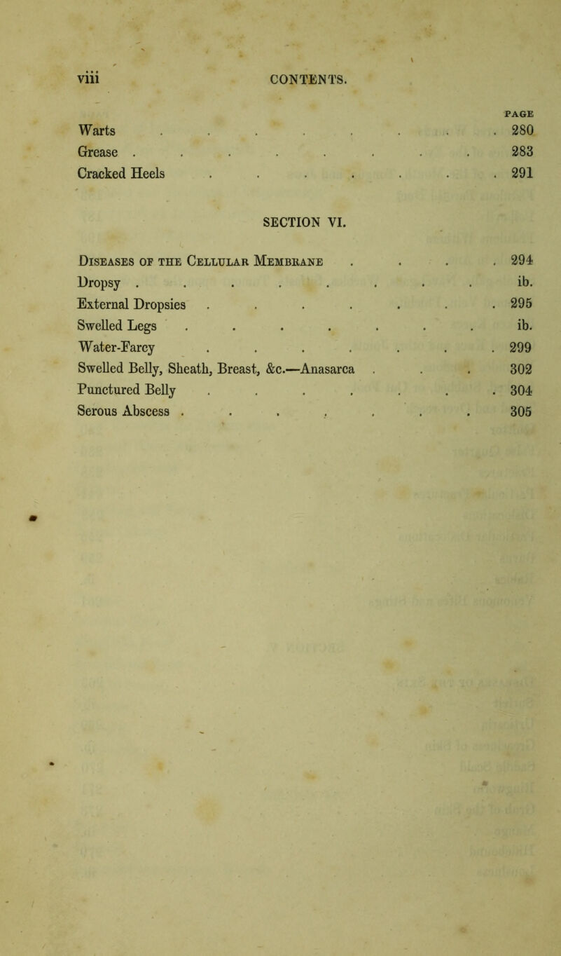 PAGE Warts . 280 Grease ....... 283 Cracked Heels ..... . 291 SECTION VI. Diseases of the Cellular Membrane . 294 Dropsy ....... ib. External Dropsies ..... . 295 Swelled Legs ...... ib. Water-Earcy ..... . 299 Swelled Belly, Sheath, Breast, &c.—Anasarca 302 Punctured Belly ..... . 304 Serous Abscess ...... 305