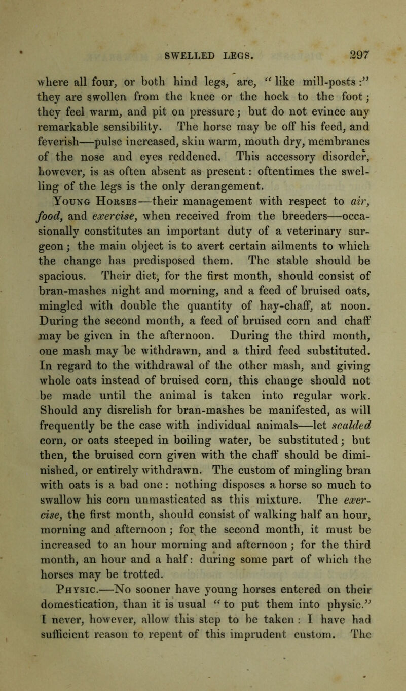 where all four, or both hind legs, are, “ like mill-posts they are swollen from the knee or the hock to the foot; they feel warm, and pit on pressure; but do not evince any remarkable sensibility. The horse may be off his feed, and feverish—pulse increased, skin warm, mouth dry, membranes of the nose and eyes reddened. This accessory disorder, however, is as often absent as present: oftentimes the swel- ling of the legs is the only derangement. Young Horses—their management with respect to air, food, and exercise, when received from the breeders—occa- sionally constitutes an important duty of a veterinary sur- geon ; the main object is to avert certain ailments to which the change has predisposed them. The stable should be spacious. Their diet, for the first month, should consist of bran-mashes night and morning, and a feed of bruised oats, mingled with double the quantity of hay-chaff, at noon. During the second month, a feed of bruised corn and chaff may be given in the afternoon. During the third month, one mash may be withdrawn, and a third feed substituted. In regard to the withdrawal of the other mash, and giving whole oats instead of bruised corn, this change should not be made until the animal is taken into regular work. Should any disrelish for bran-mashes be manifested, as will frequently be the case with individual animals—let scalded corn, or oats steeped in boiling water, be substituted; but then, the bruised corn given with the chaff should be dimi- nished, or entirely withdrawn. The custom of mingling bran with oats is a bad one: nothing disposes ahorse so much to swallow his corn unmasticated as this mixture. The exer- cise, the first month, should consist of walking half an hour, morning and afternoon; for the second month, it must be increased to an hour morning and afternoon; for the third month, an hour and a half: during some part of which the horses may be trotted. Physic.—No sooner have young horses entered on their domestication, than it is usual “ to put them into physic.” I never, however, allow this step to be taken : I have had sufficient reason to repent of this imprudent custom. The