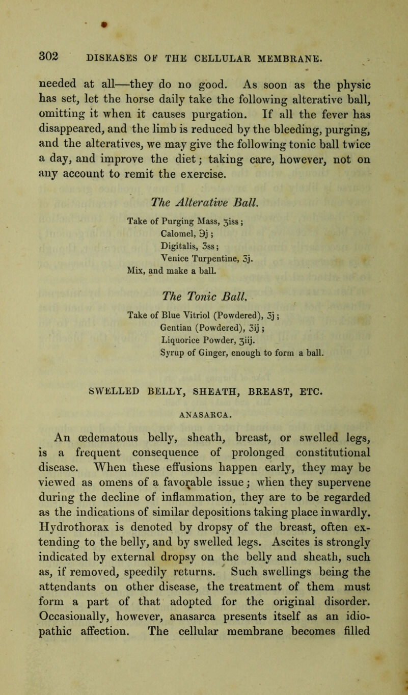 needed at all—they do no good. As soon as the physic has set, let the horse daily take the following alterative ball, omitting it when it causes purgation. If all the fever has disappeared, and the limb is reduced by the bleeding, purging, and the alteratives, we may give the following tonic ball twice a day, and improve the diet; taking care, however, not on any account to remit the exercise. The Alterative Ball. Take of Purging Mass, 3iss; Calomel, 9j; Digitalis, 3ss; Venice Turpentine, 3j. Mix, and make a ball. The Tonic Ball. Take of Blue Vitriol (Powdered), 3j; Gentian (Powdered), 3ij; Liquorice Powder, 3iij. Syrup of Ginger, enough to form a ball. SWELLED BELLY, SHEATH, BREAST, ETC. ANASARCA. An oedematous belly, sheath, breast, or swelled legs, is a frequent consequence of prolonged constitutional disease. When these effusions happen early, they may be viewed as omens of a favorable issue; when they supervene during the decline of inflammation, they are to be regarded as the indications of similar depositions taking place inwardly. Hydrothorax is denoted by dropsy of the breast, often ex- tending to the belly, and by swelled legs. Ascites is strongly indicated by external dropsy on the belly and sheath, such as, if removed, speedily returns. Such swellings being the attendants on other disease, the treatment of them must form a part of that adopted for the original disorder. Occasionally, however, anasarca presents itself as an idio- pathic affection. The cellular membrane becomes filled