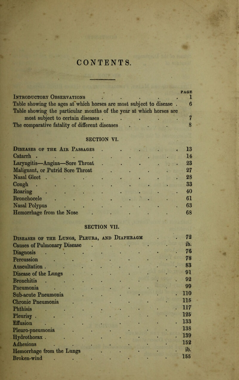 CONTENTS. PAGE Introductory Observations ..... 1 Table showing the ages at'which horses are most subject to disease . 6 Table showing the particular months of the year at which horses are most subject to certain diseases ..... 7 The comparative fatality of different diseases ... 8 SECTION VI. Diseases of the Air Passages . . . . <13 Catarrh ........ 14 Laryngitis—Angina—Sore Throat . . . . 23 Malignant, or Putrid Sore Throat .... 27 Nasal Gleet . . . . . .28 Cough ........ 33 Roaring ........ 40 Bronchocele ....... 61 Nasal Polypus . . . . . . .63 Hemorrhage from the Nose . . . . 68 SECTION VII. Diseases of the Lungs, Pleura, and Diaphragm Causes of Pulmonary Disease Diagnosis ...••• Percussion . Auscultation ....•• Disease of the Lungs .... Bronchitis ...... Pneumonia ..... Sub-acute Pneumonia ...» Chronic Pneumonia . Phthisis ...... Pleurisy ...... Effusion ...... Pleuro-pneumonia .... Hydrothorax ...... Adhesions ..... Hemorrhage from the Lungs Broken-wind . ib. 76 78 83 91 92 99 110 115 117 125 133 138 139 152 ib. 155