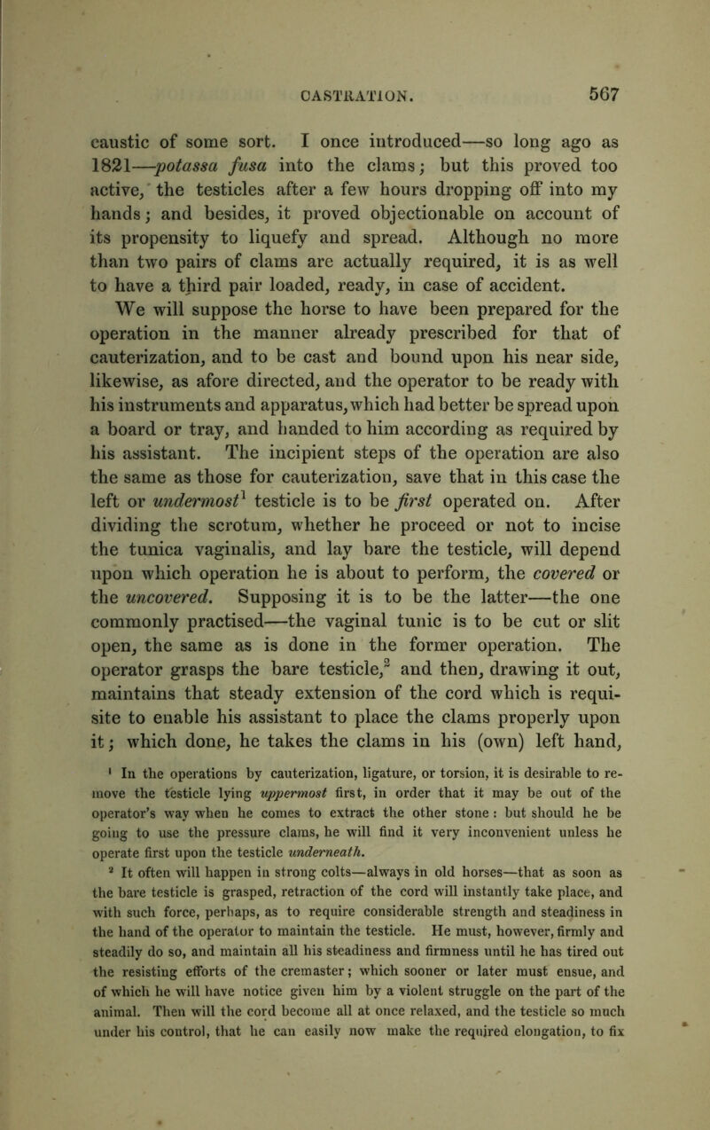 caustic of some sort. I once introduced—so long ago as 1821—potassa fusa into the clams; but this proved too active, the testicles after a few hours dropping off into my hands; and besides, it proved objectionable on account of its propensity to liquefy and spread. Although no more than two pairs of clams are actually required, it is as well to have a third pair loaded, ready, in case of accident. We will suppose the horse to have been prepared for the operation in the manner already prescribed for that of cauterization, and to be cast and bound upon his near side, likewise, as afore directed, and the operator to be ready with his instruments and apparatus, which had better be spread upon a board or tray, and handed to him according as required by his assistant. The incipient steps of the operation are also the same as those for cauterization, save that in this case the left or undermost1 testicle is to be first operated on. After dividing the scrotum, whether he proceed or not to incise the tunica vaginalis, and lay bare the testicle, will depend upon which operation he is about to perform, the covered or the uncovered. Supposing it is to be the latter—the one commonly practised—the vaginal tunic is to be cut or slit open, the same as is done in the former operation. The operator grasps the bare testicle,2 and then, drawing it out, maintains that steady extension of the cord which is requi- site to enable his assistant to place the clams properly upon it; which done, he takes the clams in his (own) left hand, 1 In the operations by cauterization, ligature, or torsion, it is desirable to re- move the testicle lying uppermost first, in order that it may be out of the operator’s way when he comes to extract the other stone: but should he be going to use the pressure clams, he will find it very inconvenient unless he operate first upon the testicle underneath. 3 It often will happen in strong colts—always in old horses—that as soon as the bare testicle is grasped, retraction of the cord will instantly take place, and with such force, perhaps, as to require considerable strength and steadiness in the hand of the operator to maintain the testicle. He must, however, firmly and steadily do so, and maintain all his steadiness and firmness until he has tired out the resisting efforts of the cremaster; which sooner or later must ensue, and of which he will have notice given him by a violent struggle on the part of the animal. Then will the cord become all at once relaxed, and the testicle so much under his control, that he can easily now make the required elongation, to fix